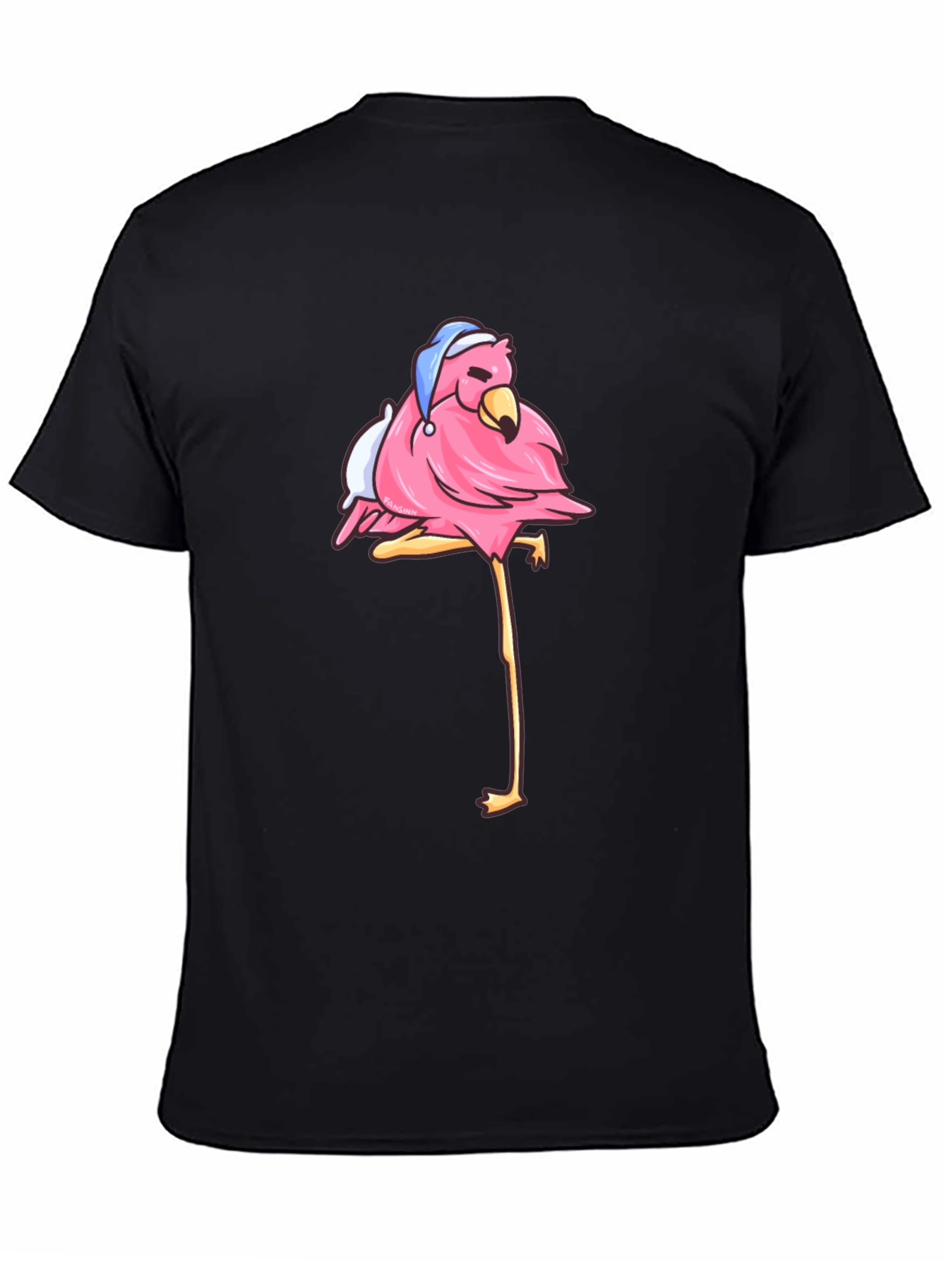 Flamingo Black T-Shirt with Sleepy Bird Design