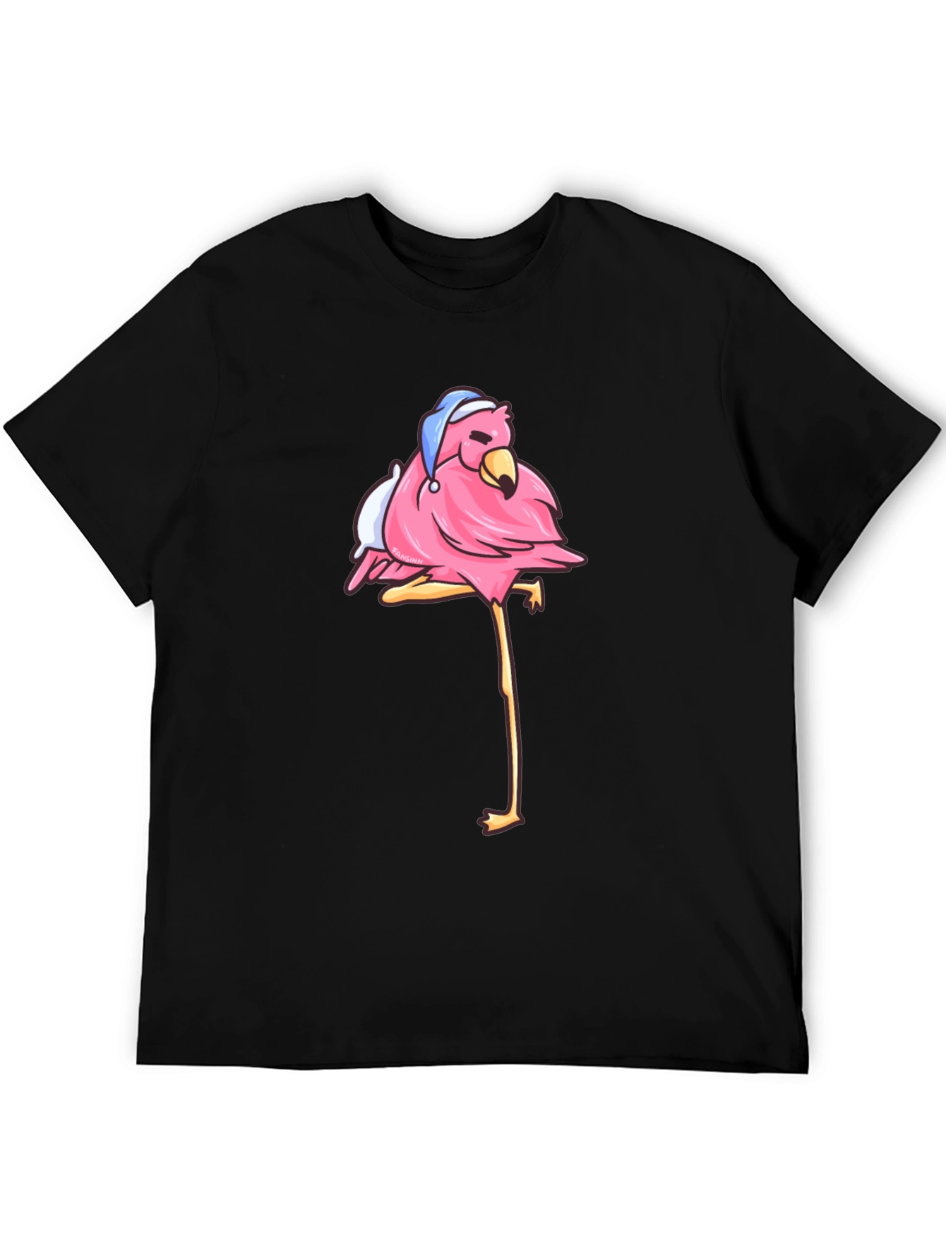 Flamingo Black T-Shirt with Sleepy Bird Design