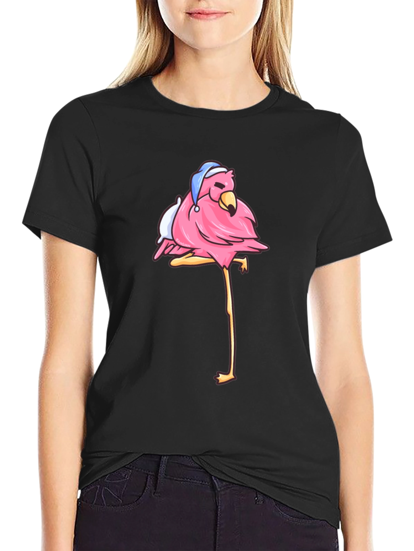 Flamingo Black T-Shirt with Sleepy Bird Design