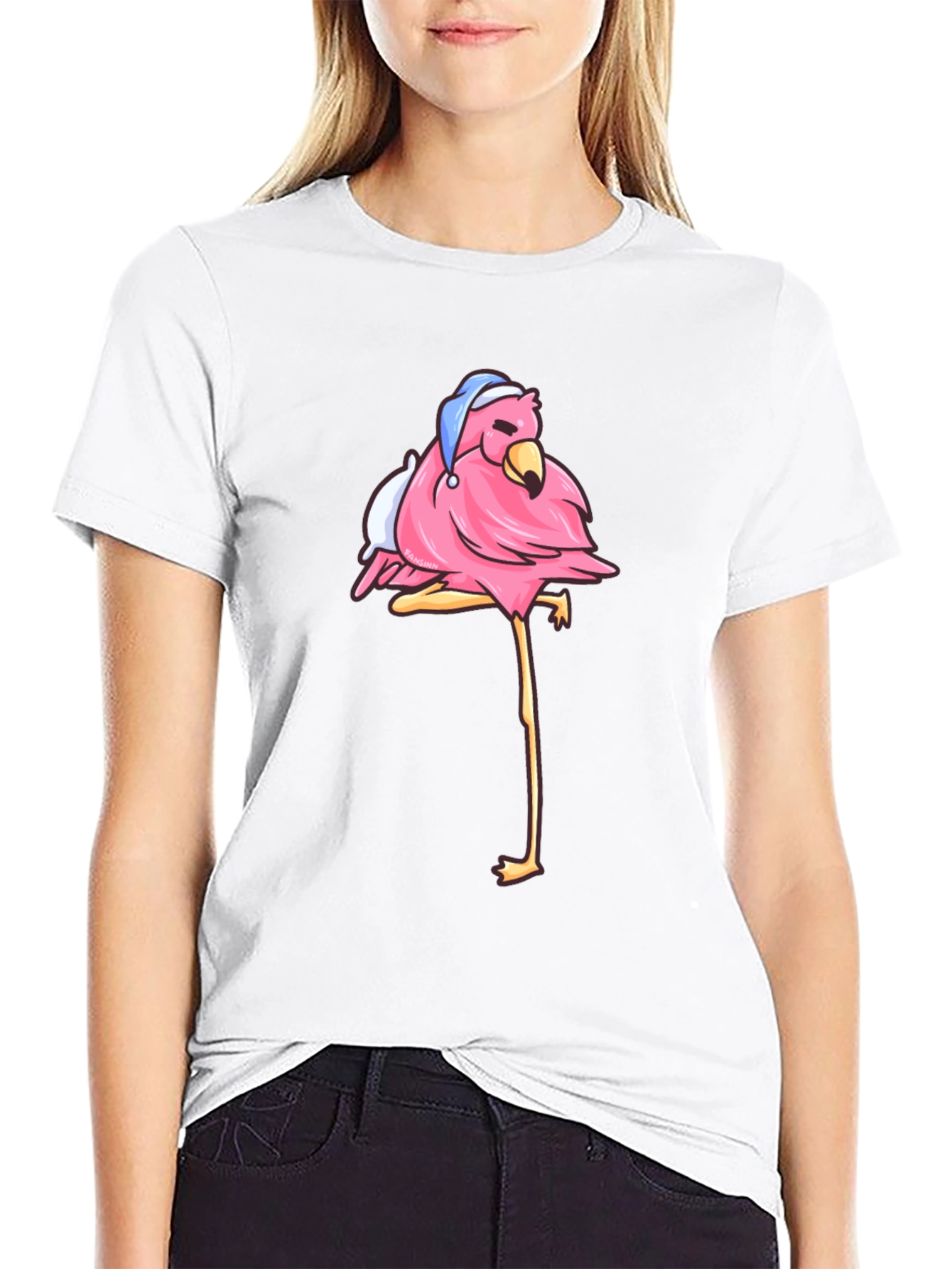 Flamingo Black T-Shirt with Sleepy Bird Design