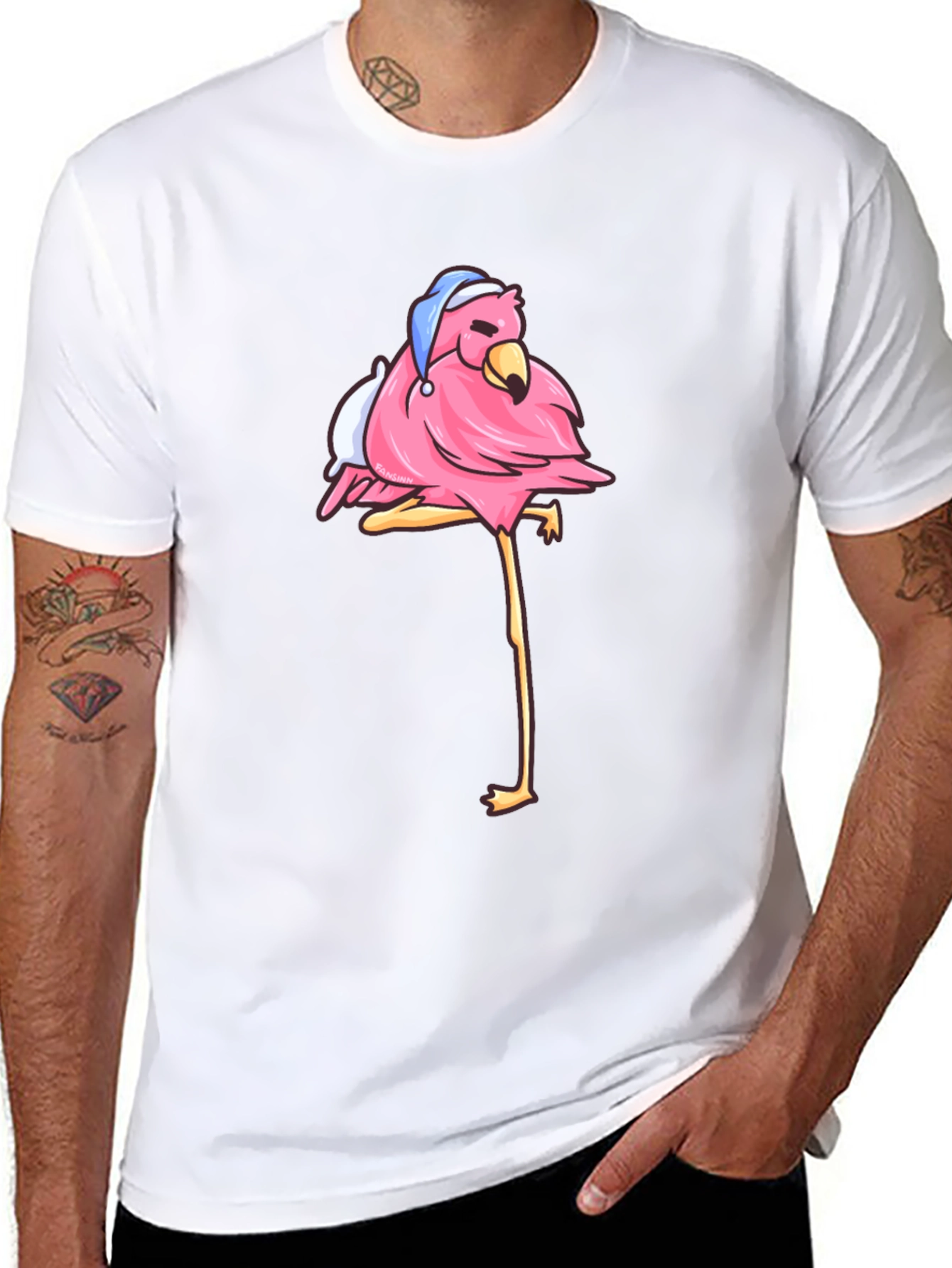 Flamingo Black T-Shirt with Sleepy Bird Design