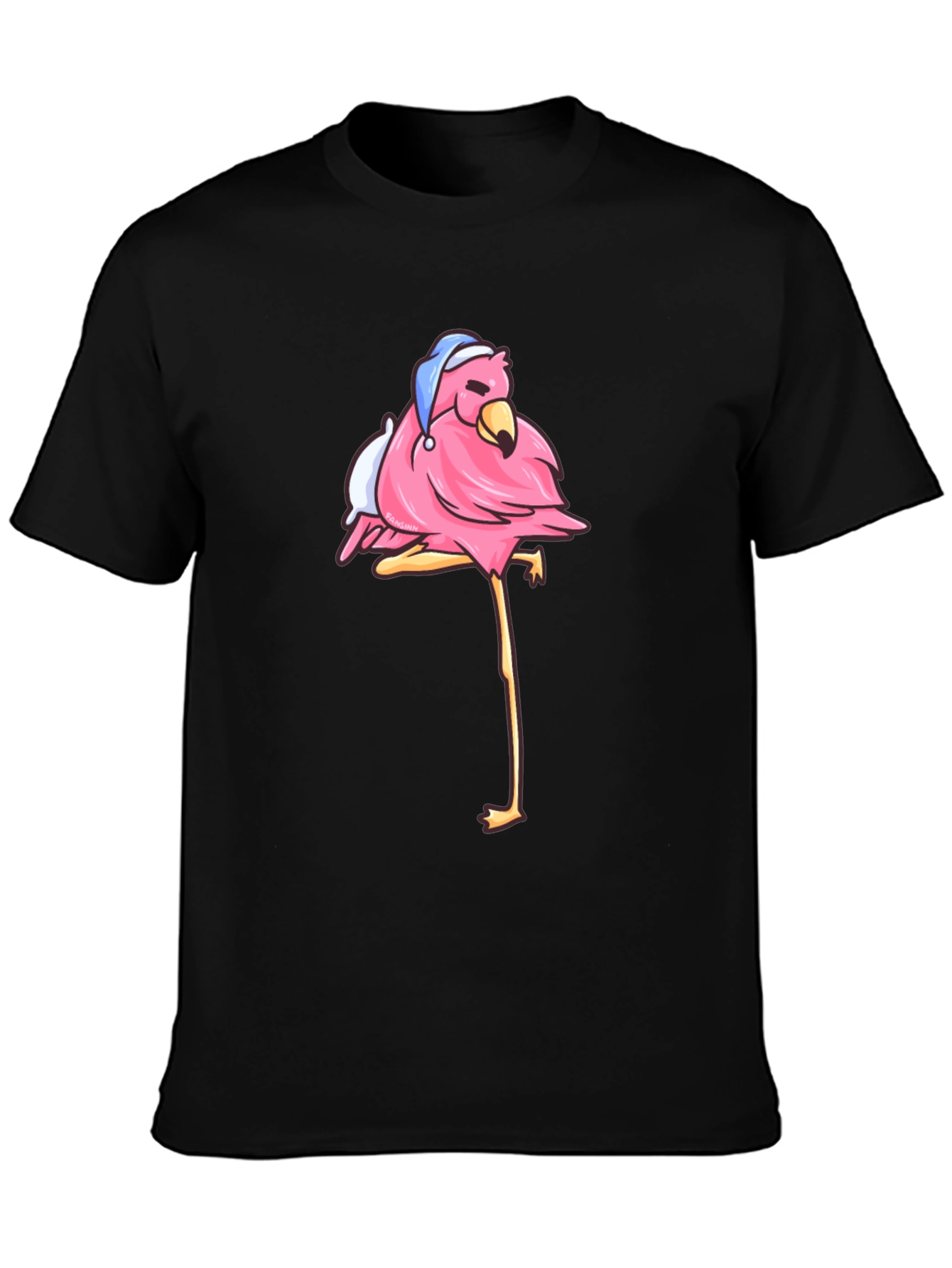 Flamingo Black T-Shirt with Sleepy Bird Design