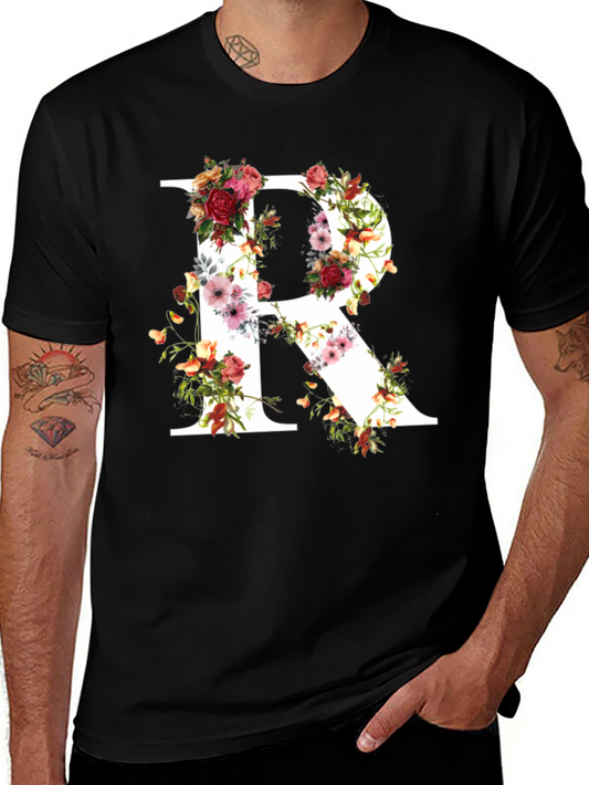 Floral Letter R Black T-Shirt
