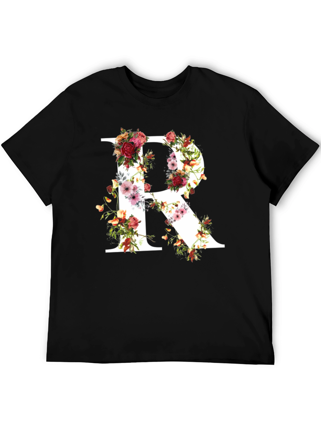 Floral Letter R Black T-Shirt