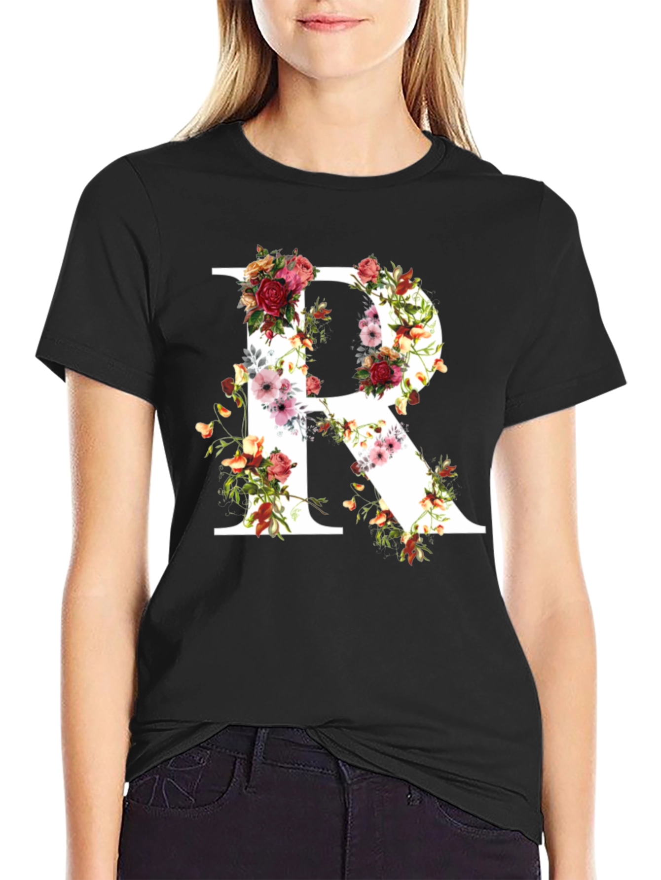 Floral Letter R Black T-Shirt