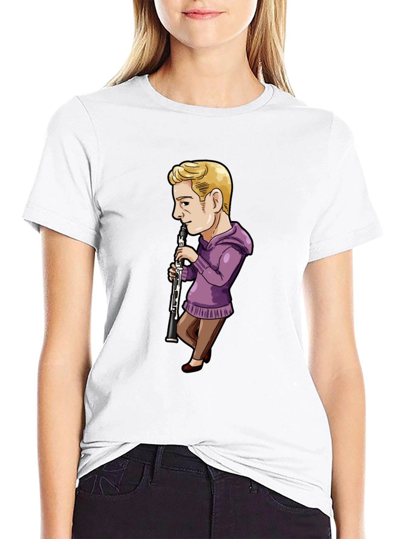 Cartoon Clarinet Player on Black T-Shirt