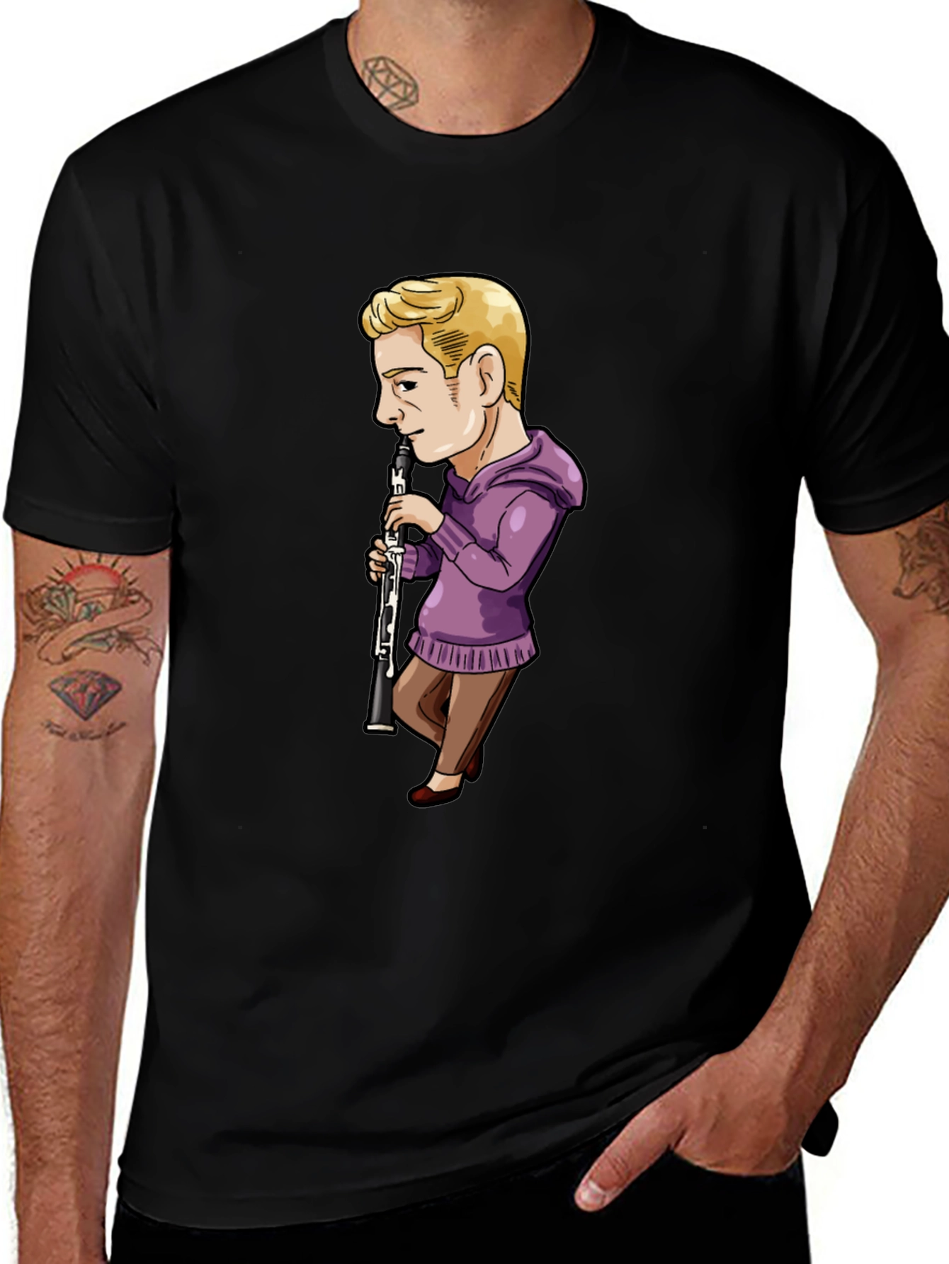 Cartoon Clarinet Player on Black T-Shirt