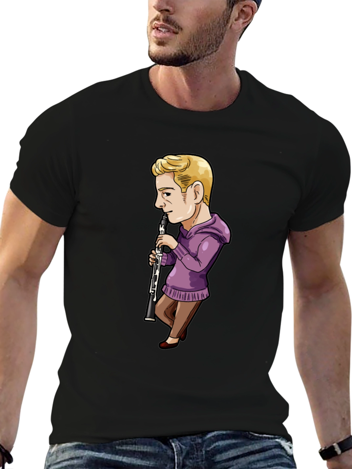 Cartoon Clarinet Player on Black T-Shirt