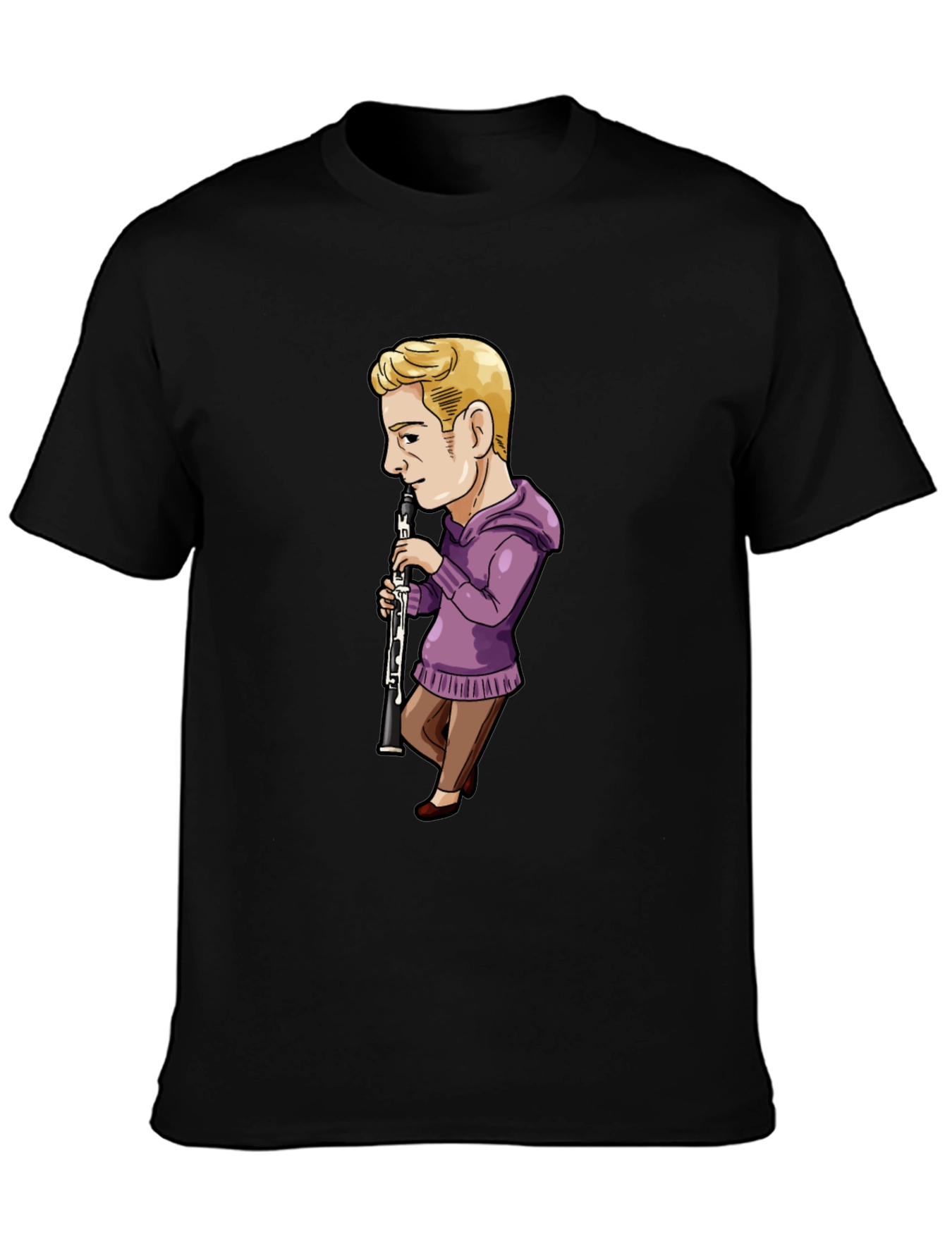 Cartoon Clarinet Player on Black T-Shirt