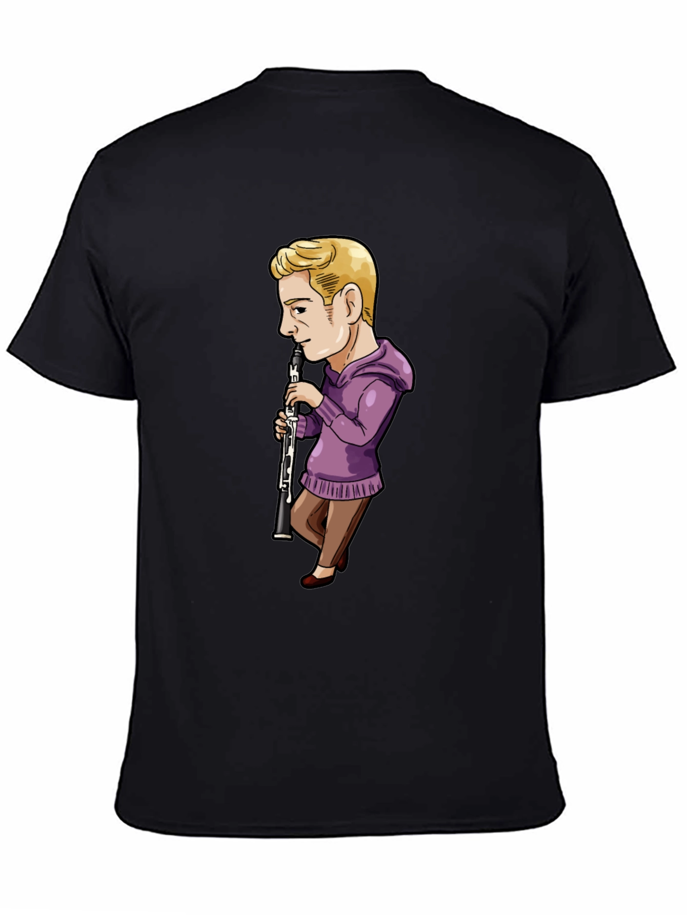 Cartoon Clarinet Player on Black T-Shirt