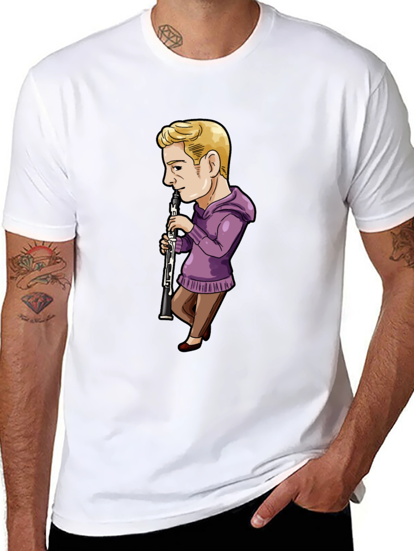 Cartoon Clarinet Player on Black T-Shirt
