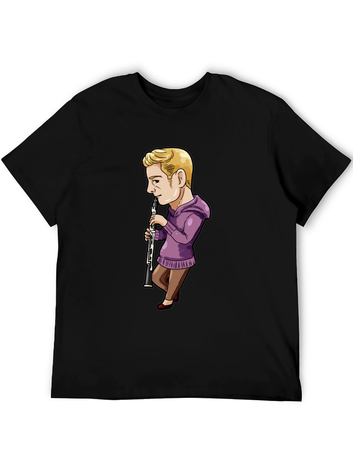 Cartoon Clarinet Player on Black T-Shirt