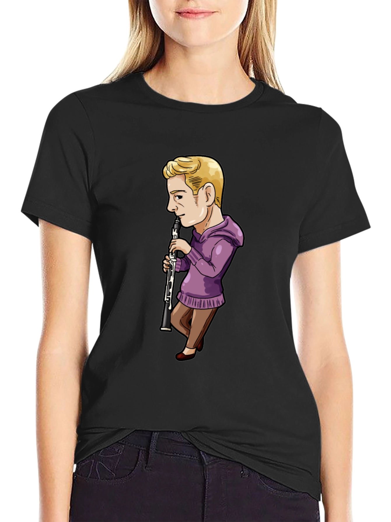 Cartoon Clarinet Player on Black T-Shirt