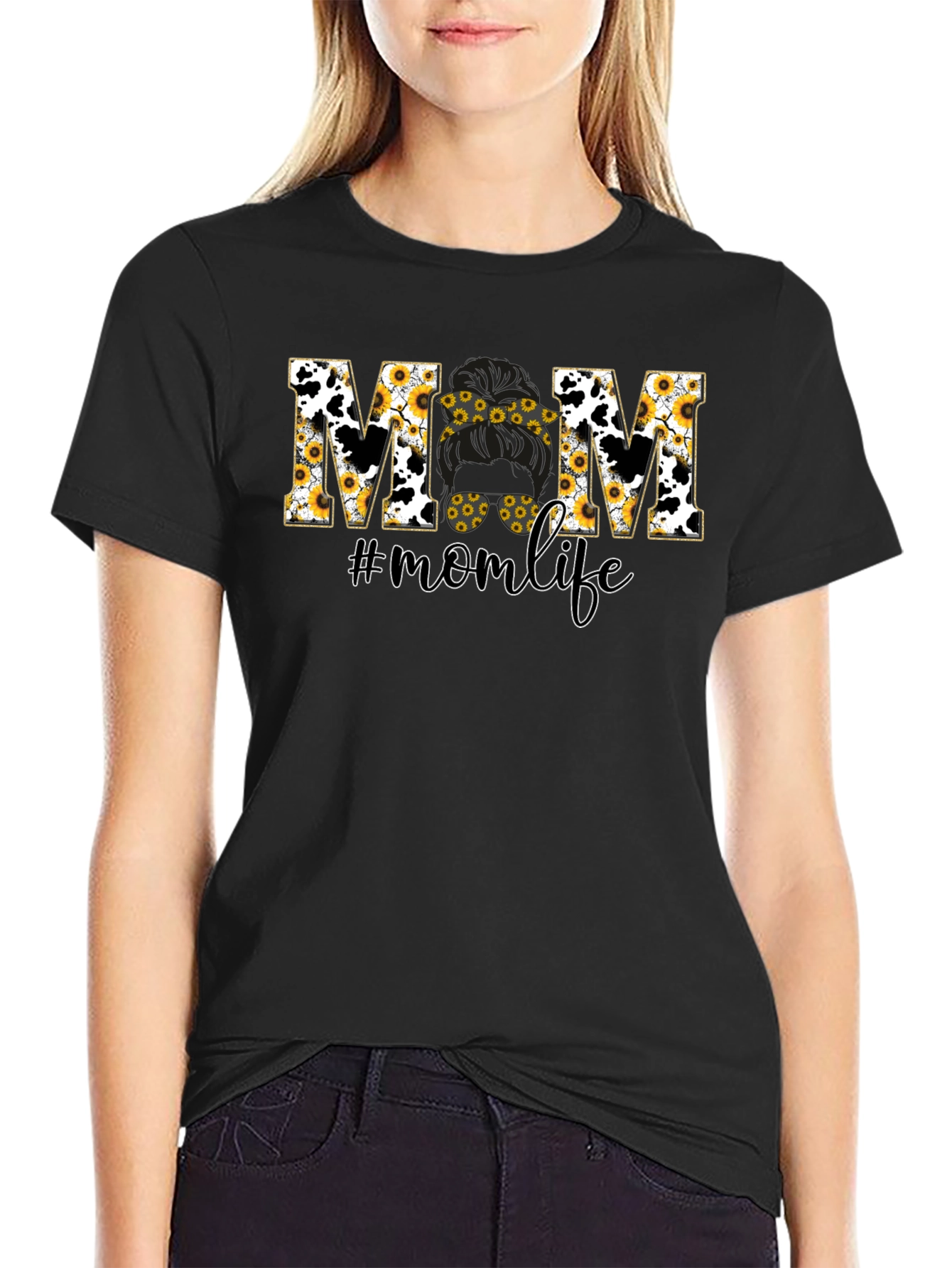 Mom Life Sunflower Cow Print T-Shirt