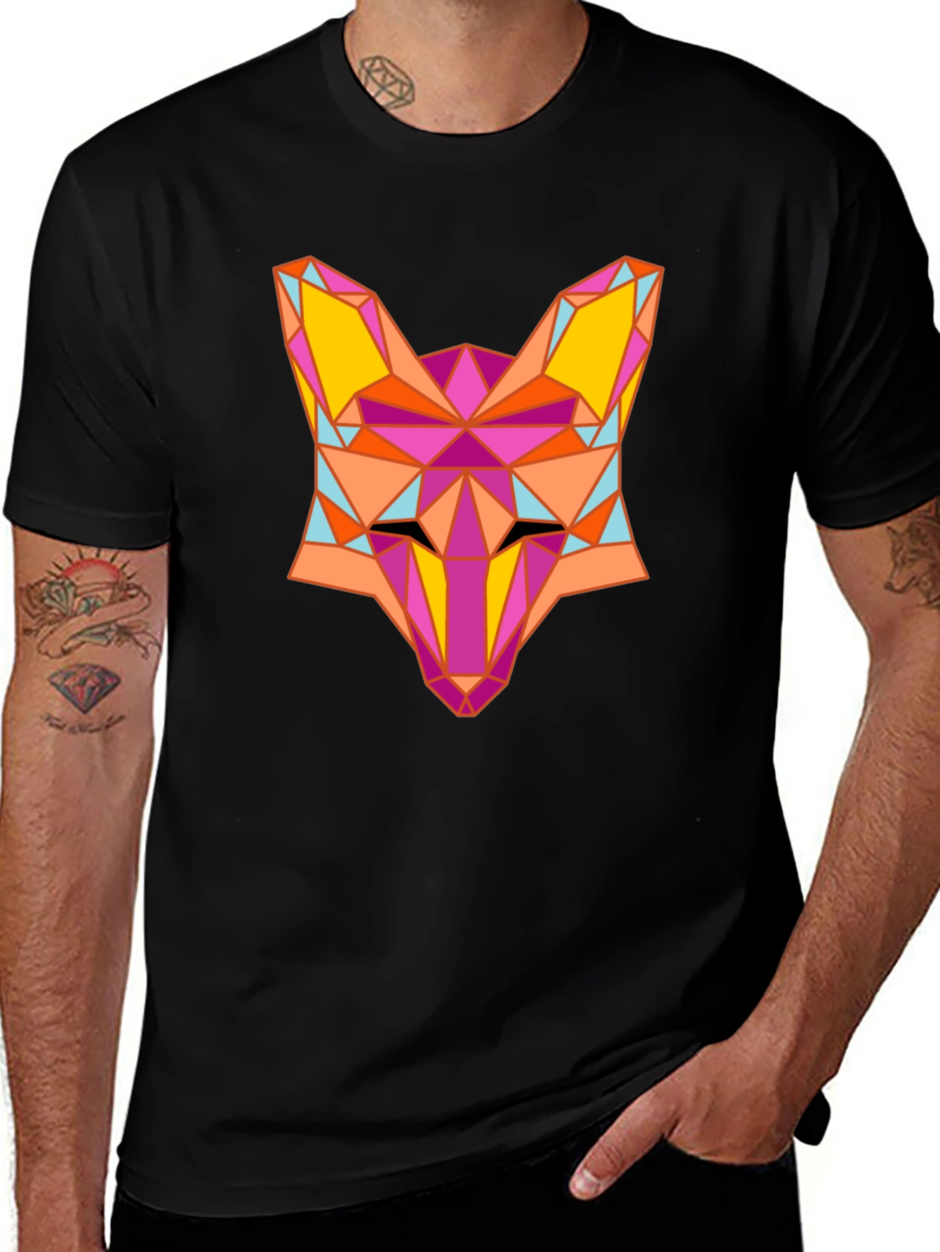 Geometric Fox Graphic Black T-Shirt