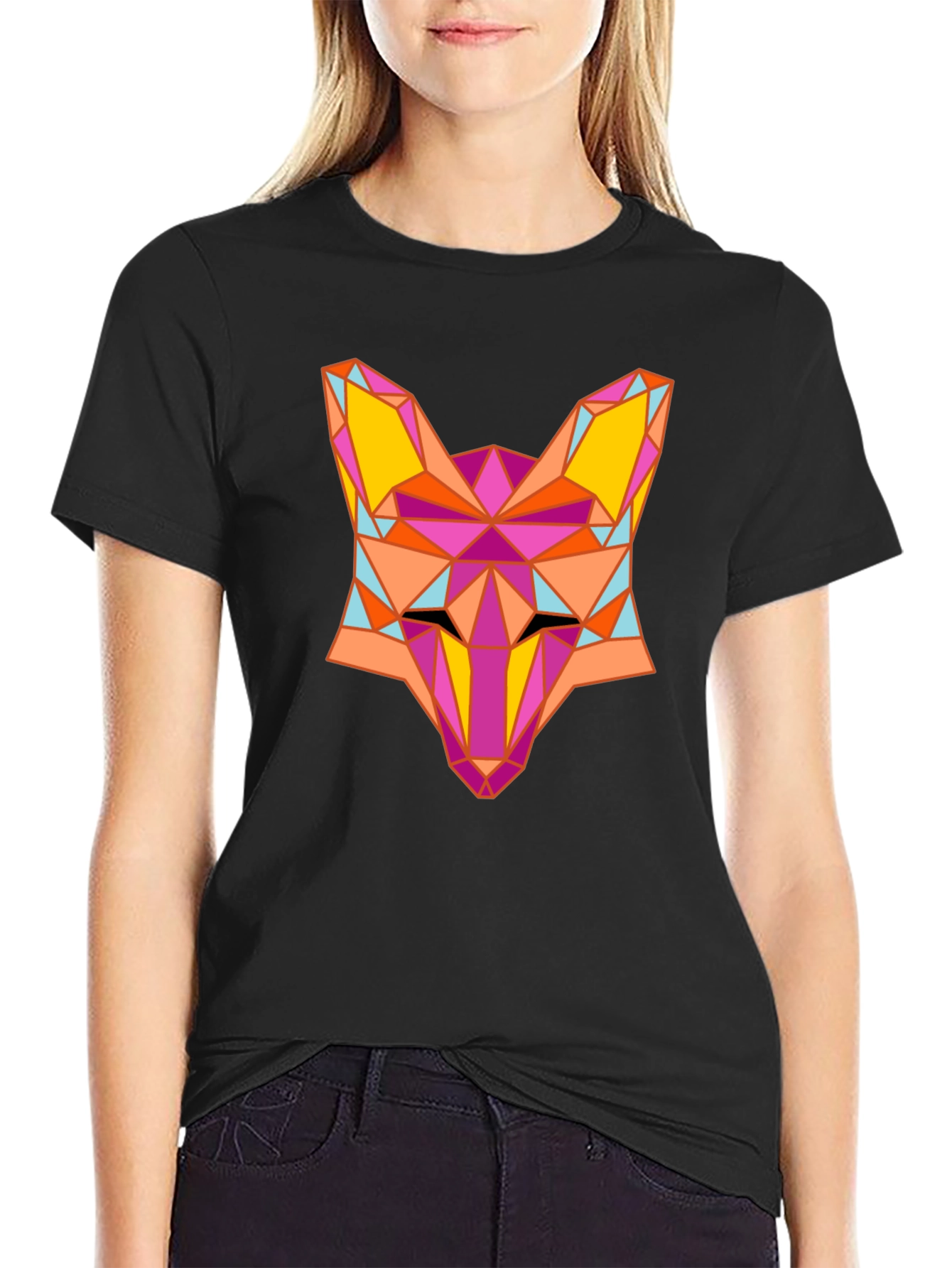 Geometric Fox Graphic Black T-Shirt
