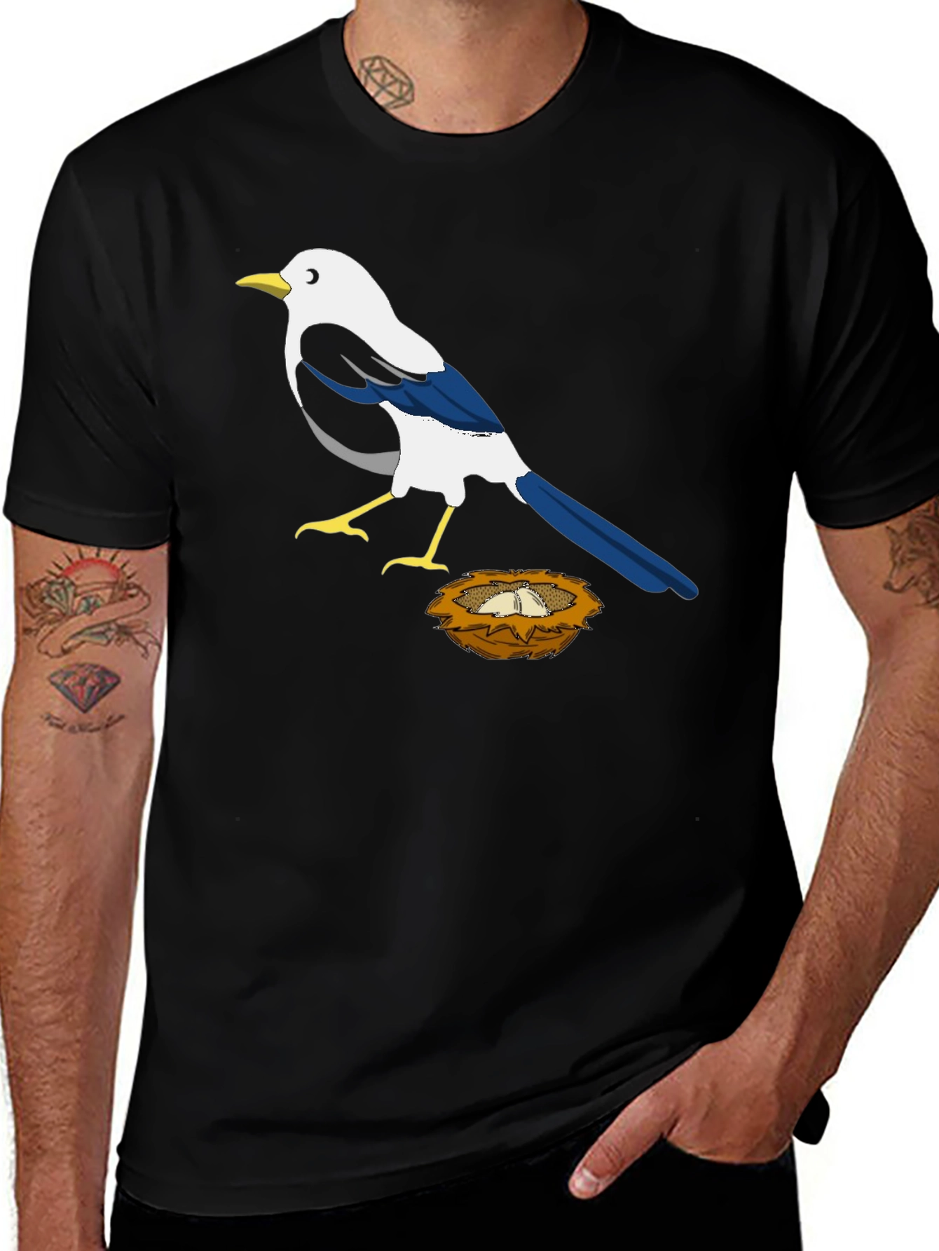 Magpie Bird Nest Graphic T-Shirt - Black