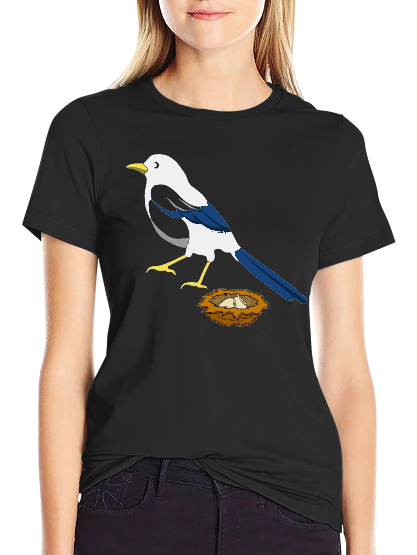 Magpie Bird Nest Graphic T-Shirt - Black