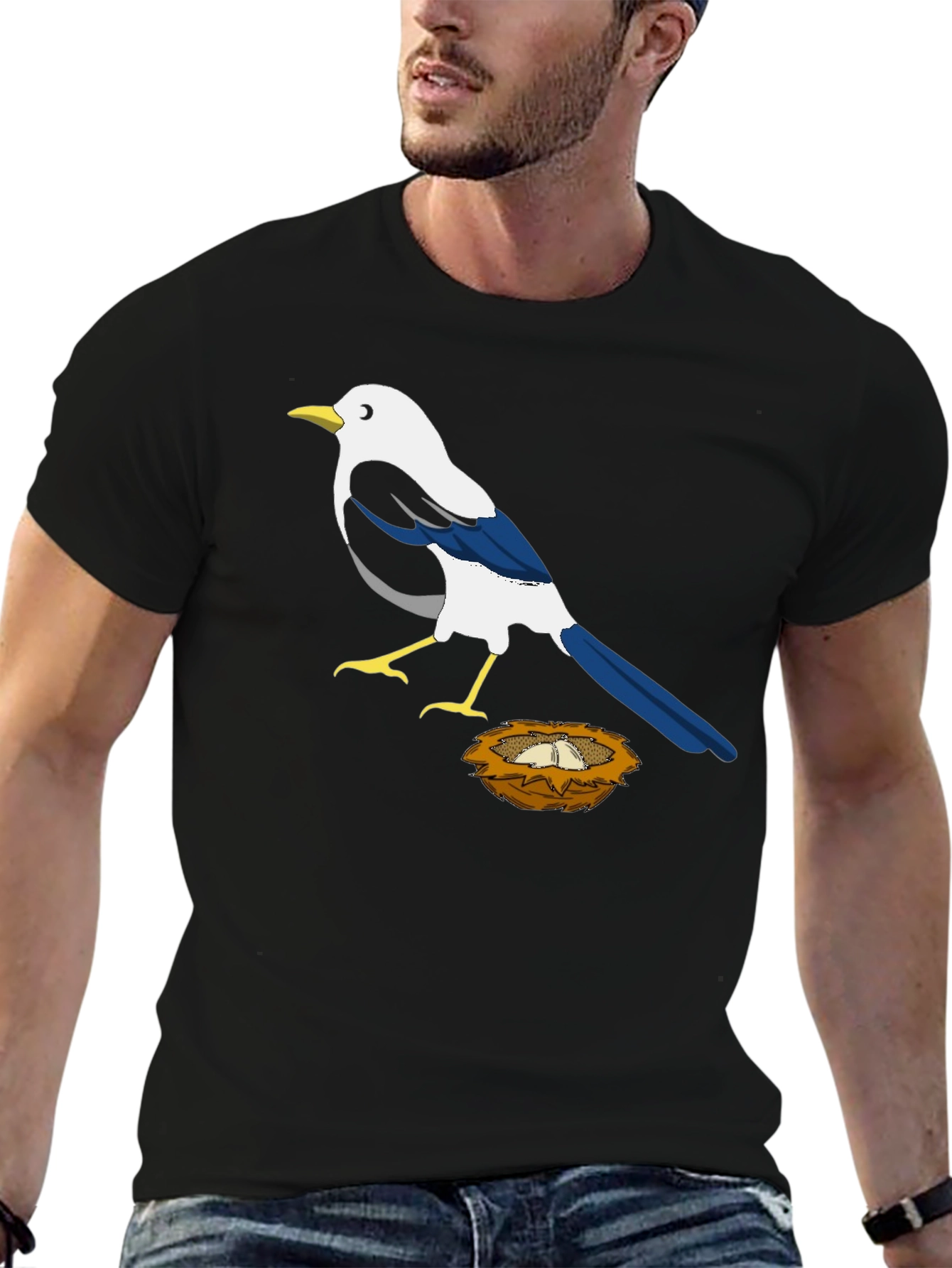 Magpie Bird Nest Graphic T-Shirt - Black
