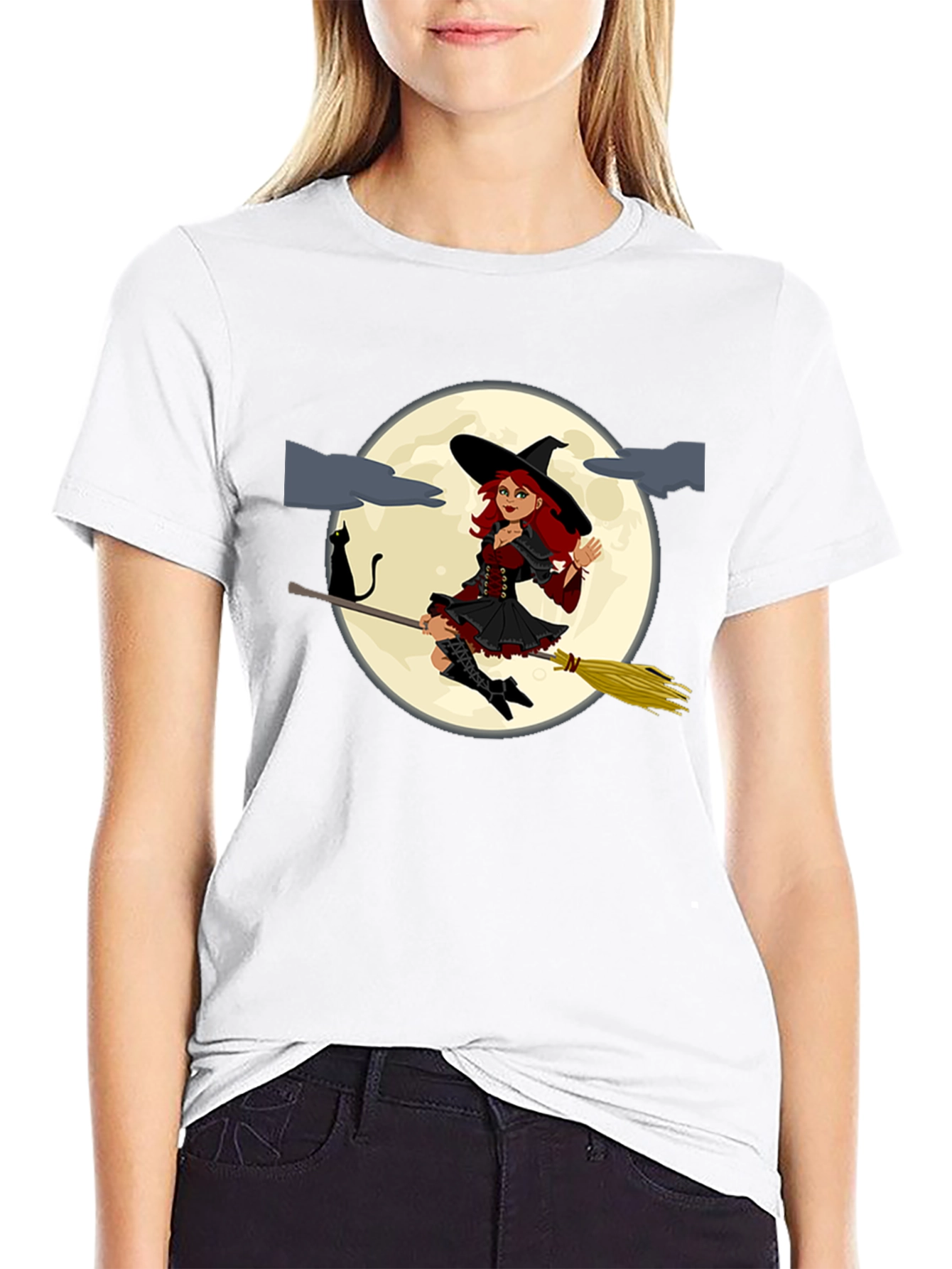Witch on Broomstick Black T-Shirt