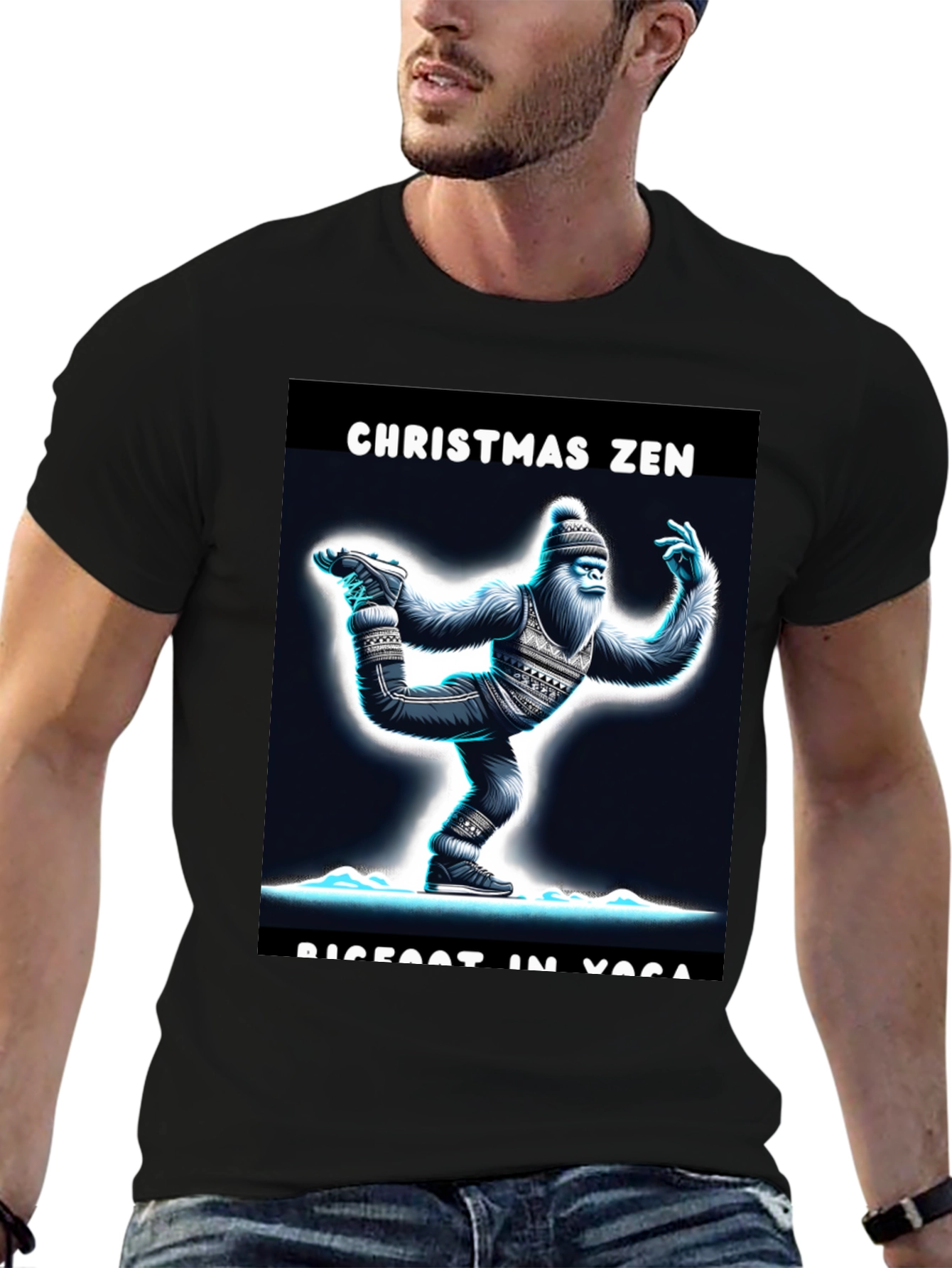 Christmas Zen Bigfoot in Yoga T-Shirt