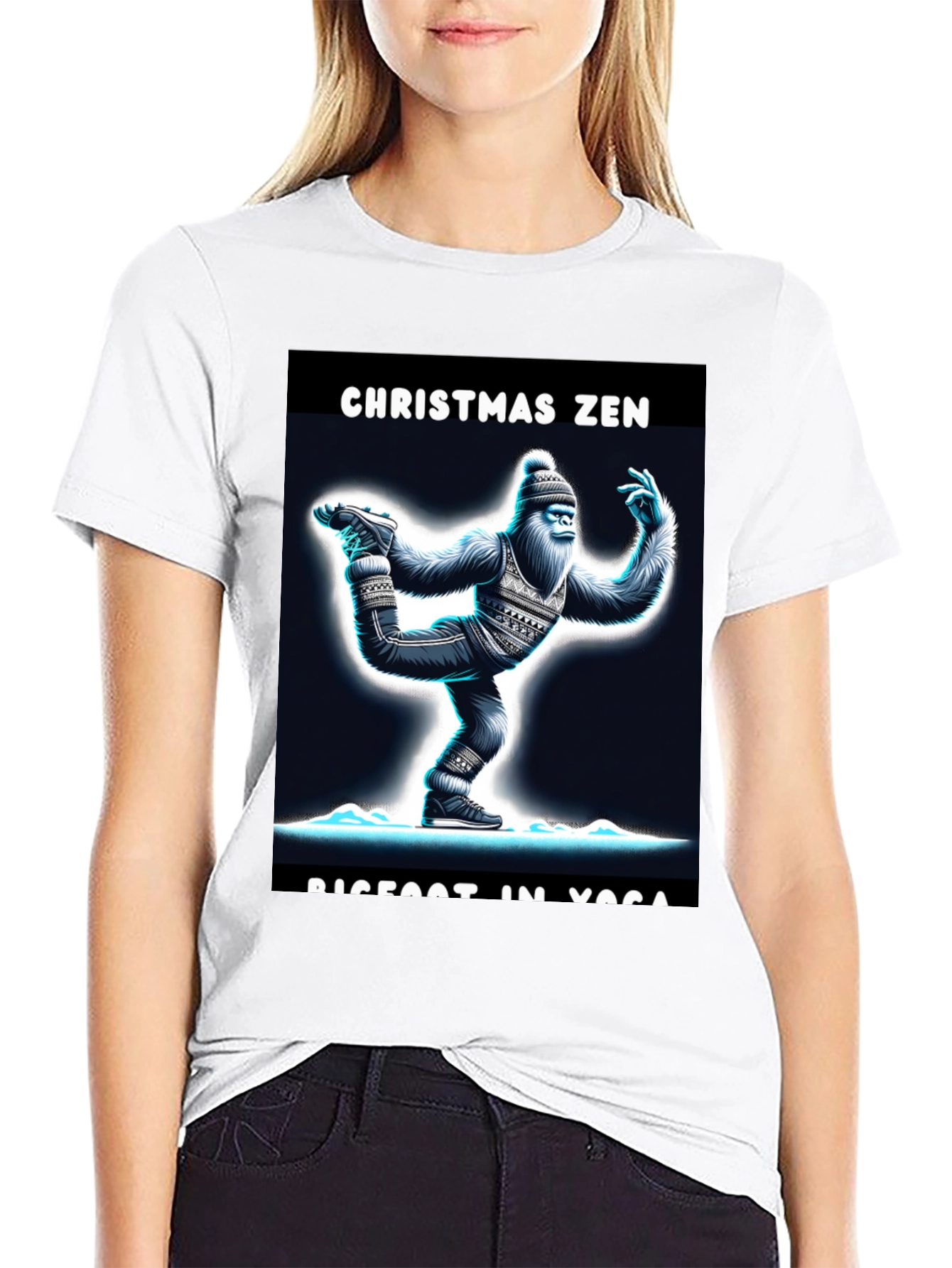Christmas Zen Bigfoot in Yoga T-Shirt