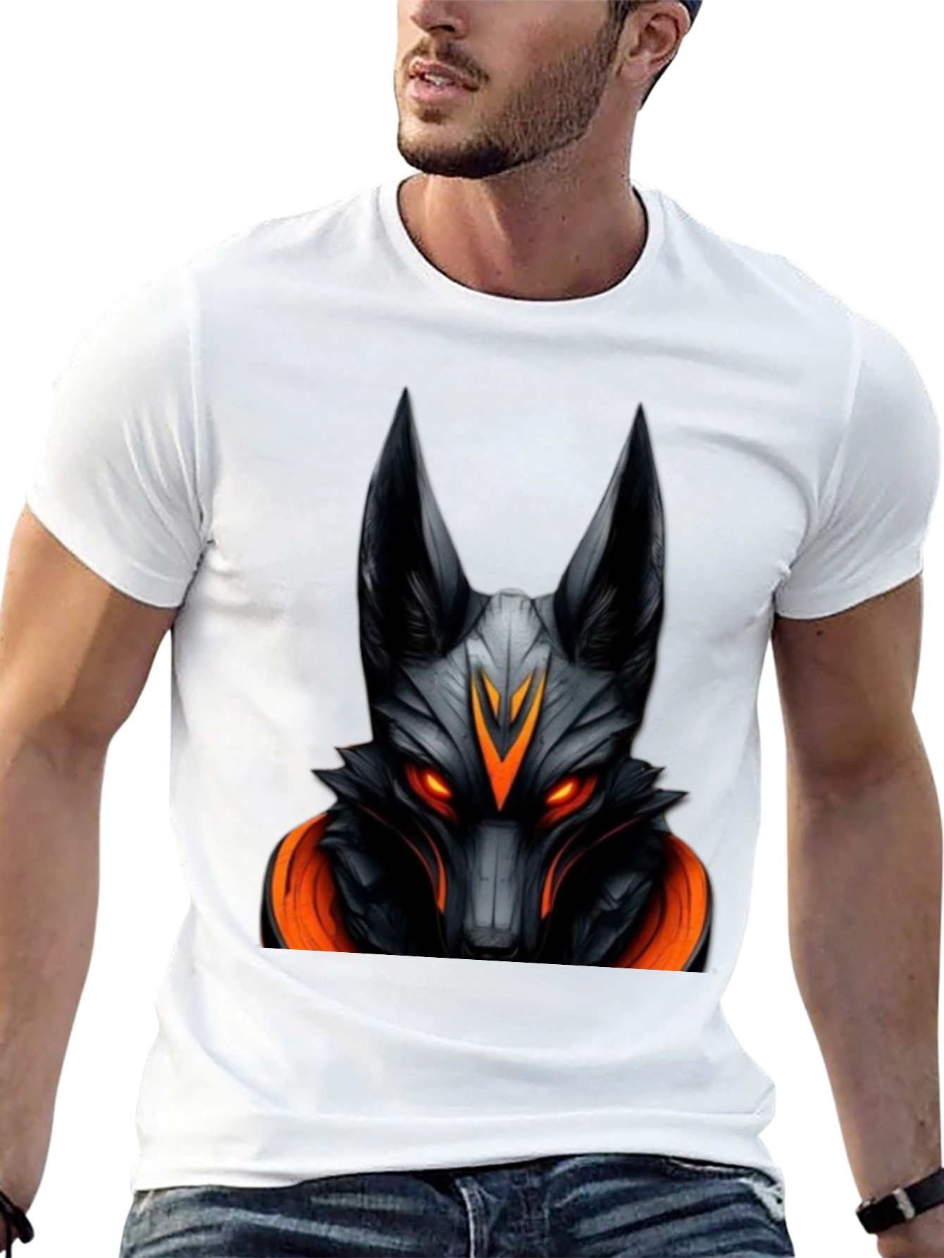Mens Black Graphic Tee - Anubis Wolf Design