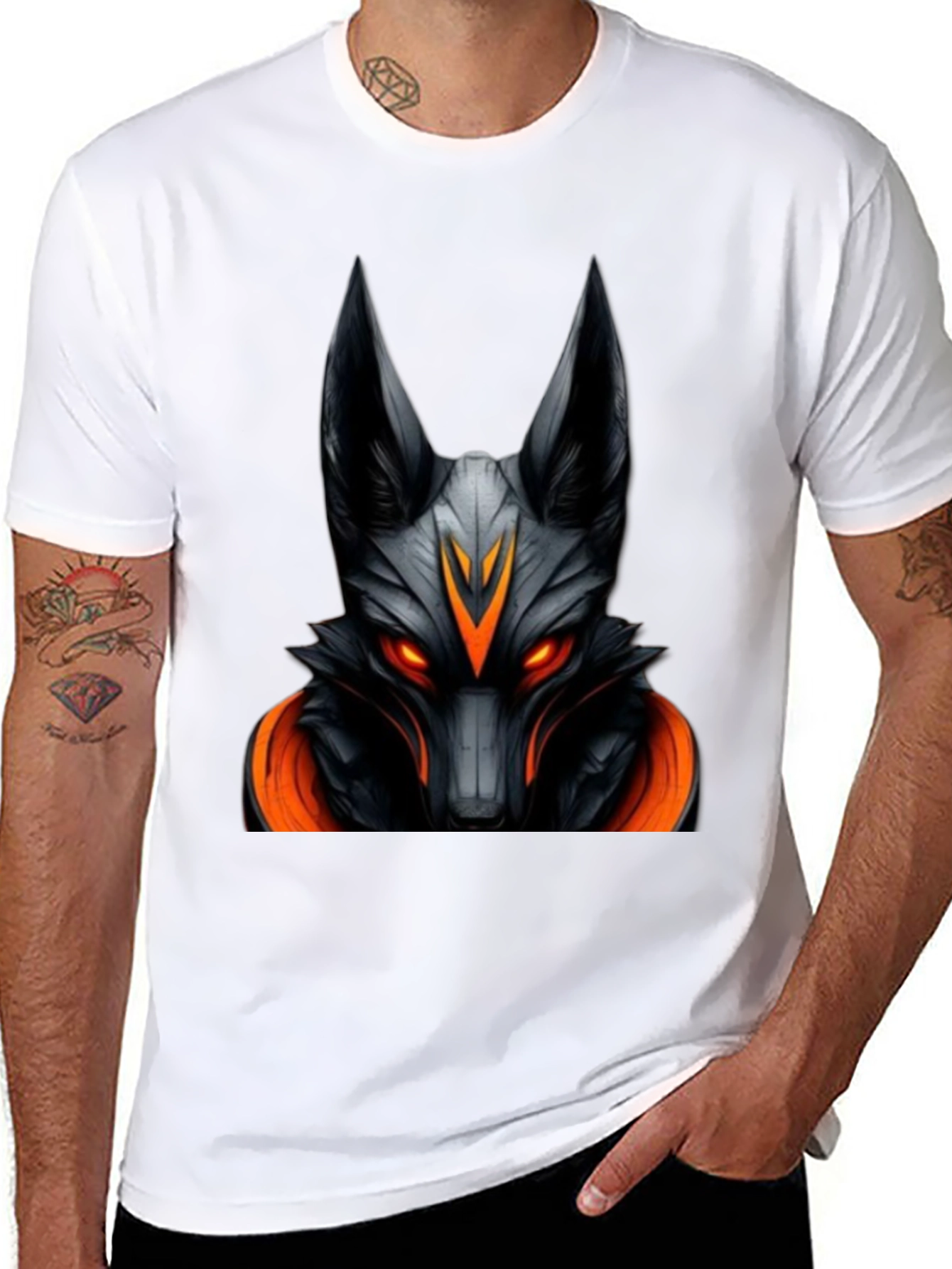 Mens Black Graphic Tee - Anubis Wolf Design