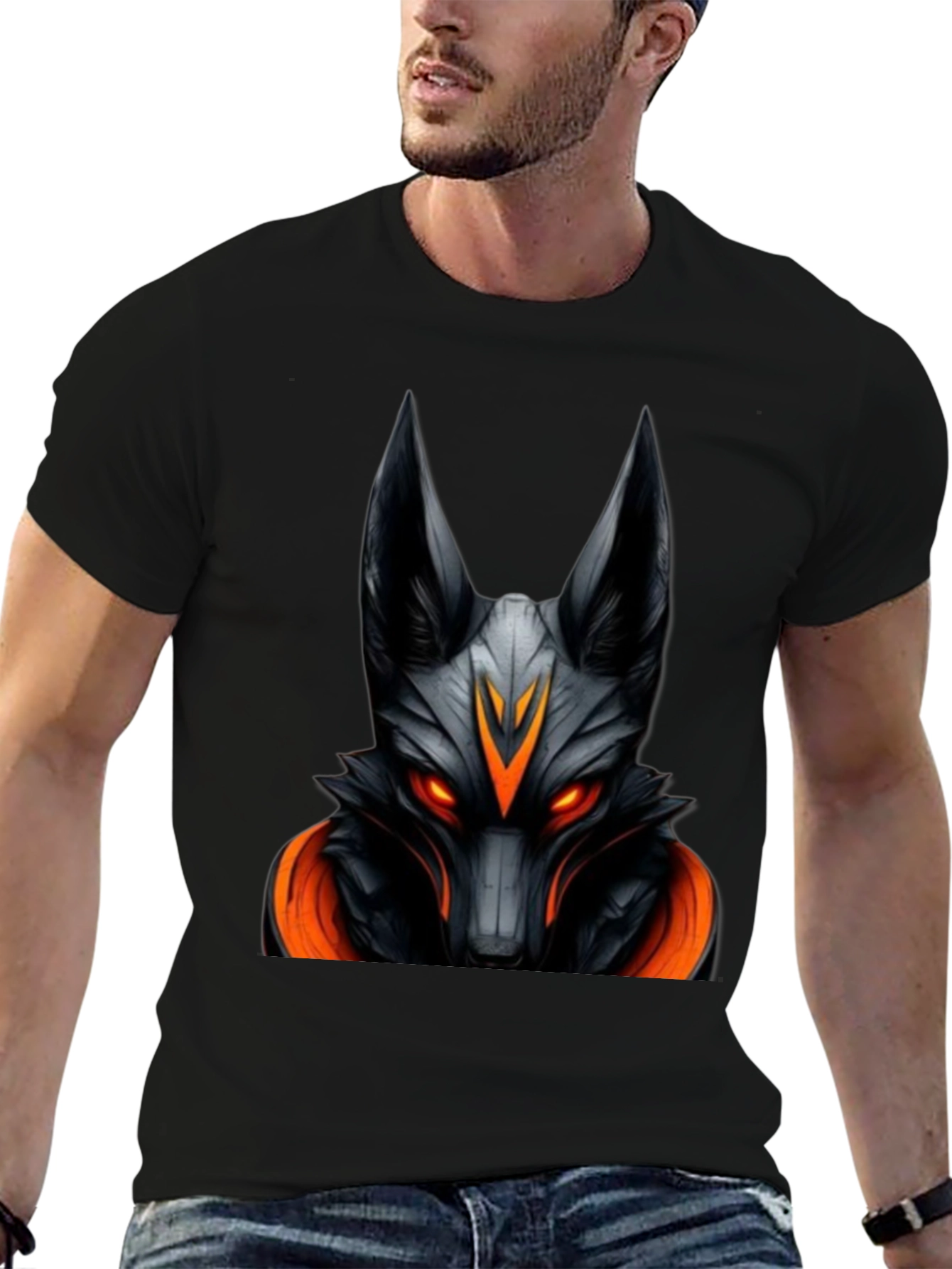Mens Black Graphic Tee - Anubis Wolf Design