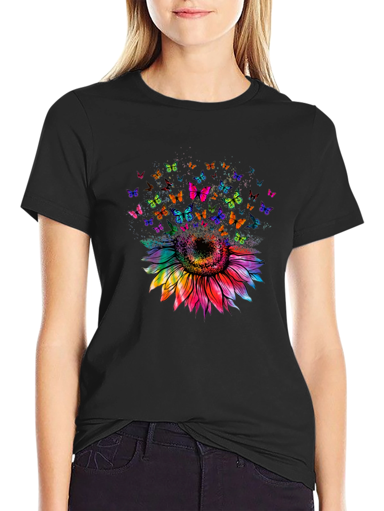 Sunflower Butterfly Graphic Tee - Black Cotton Blend