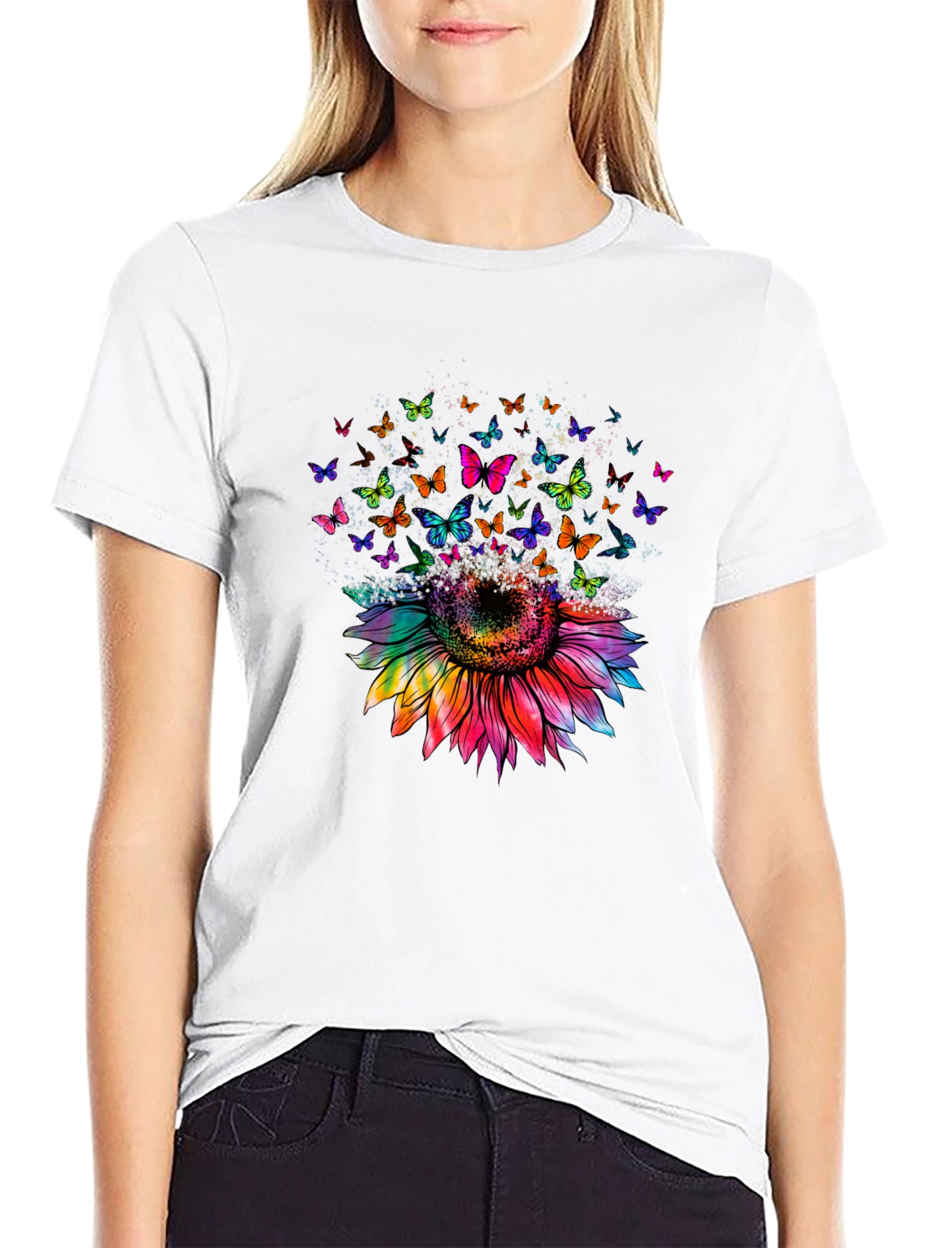 Sunflower Butterfly Graphic Tee - Black Cotton Blend