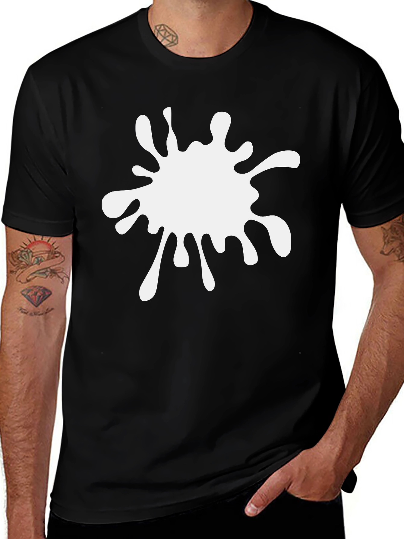 Black T-Shirt with White Paint Splatter Graphic