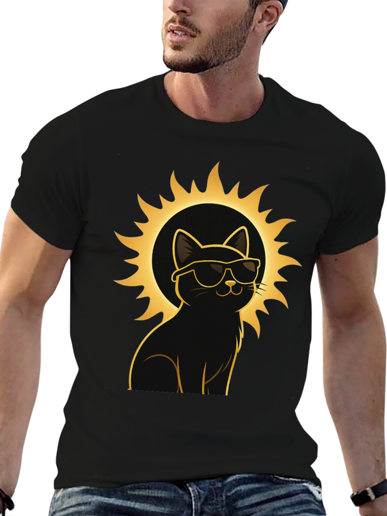 Cool Cat Sun Graphic Tee - Black Cotton T-Shirt