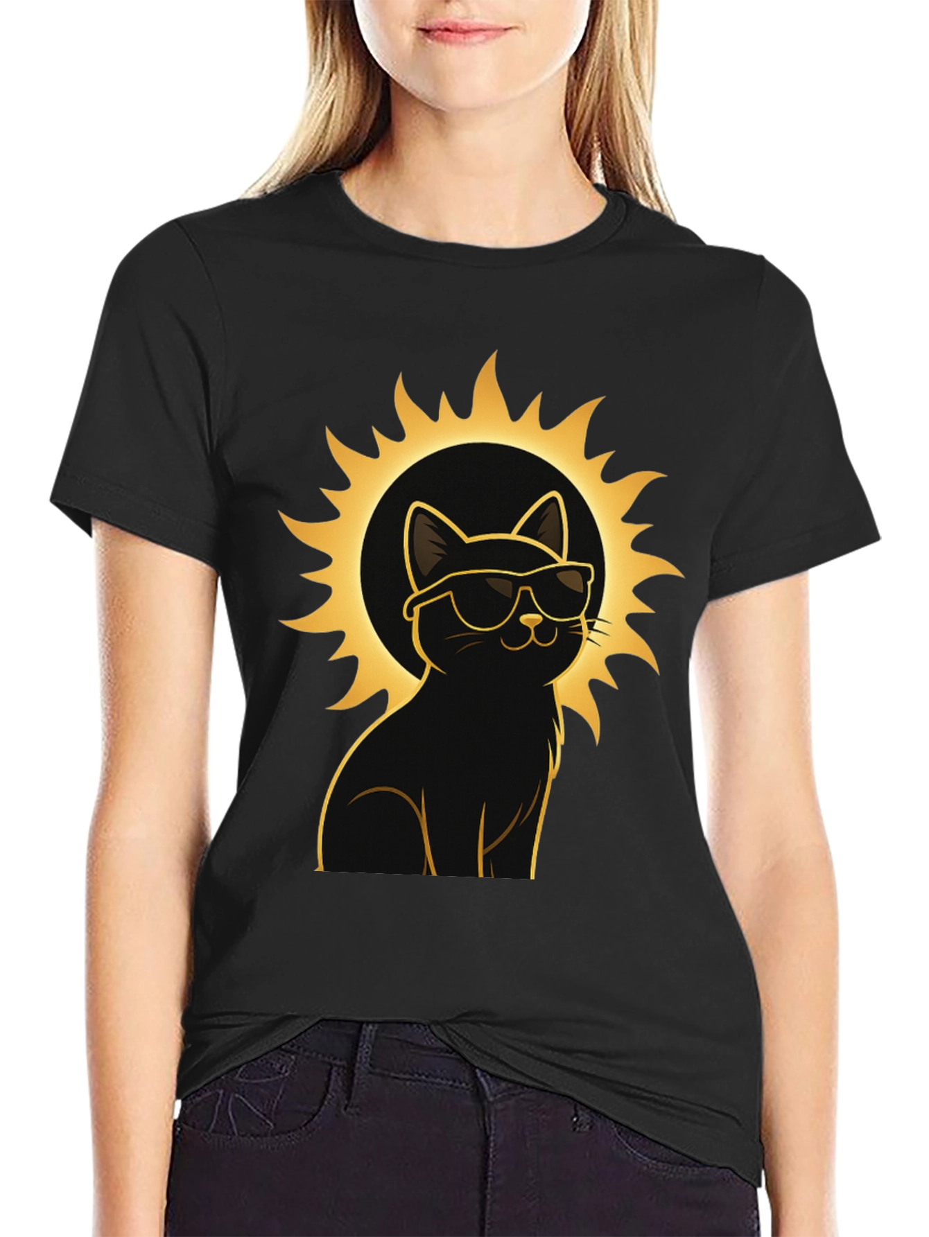Cool Cat Sun Graphic Tee - Black Cotton T-Shirt