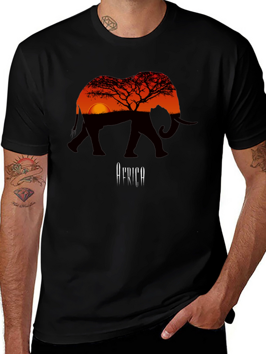 African Sunset Elephant Graphic Tee - Mens Black T-Shirt