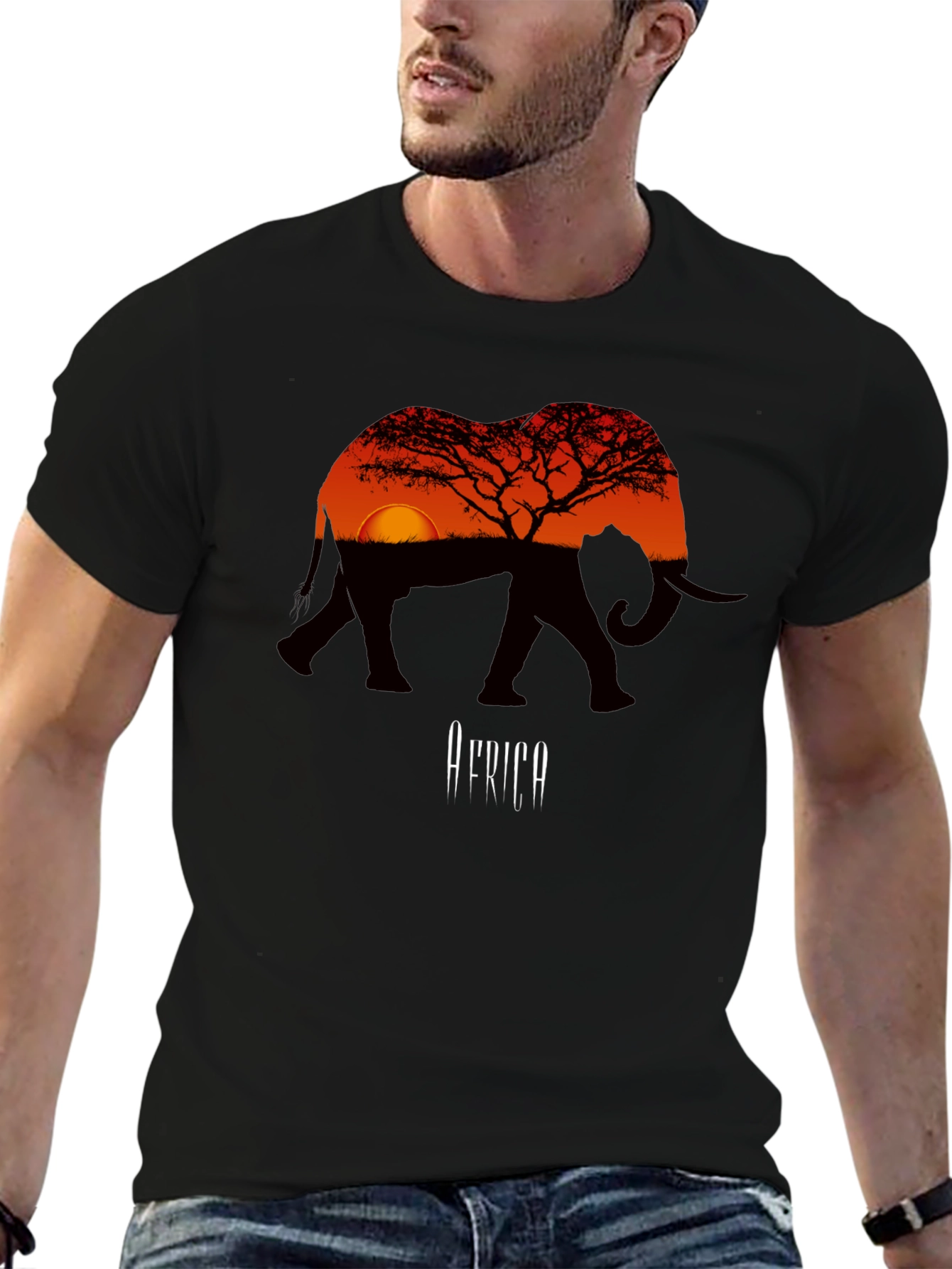 African Sunset Elephant Graphic Tee - Mens Black T-Shirt