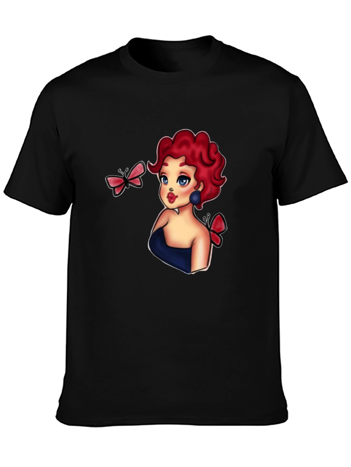 Cartoon Girl & Butterflies Black T-Shirt