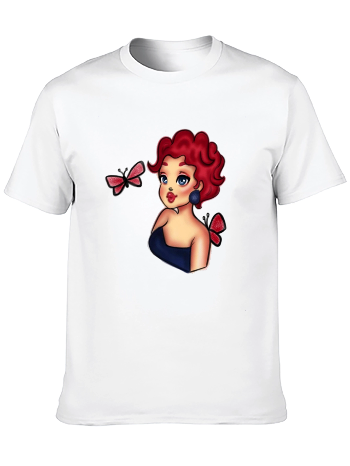 Cartoon Girl & Butterflies Black T-Shirt