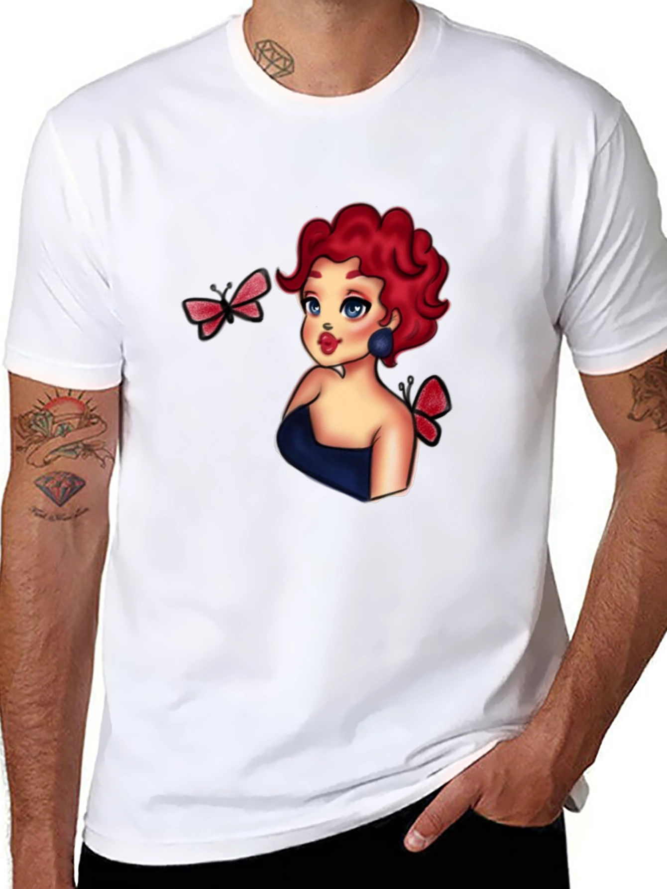 Cartoon Girl & Butterflies Black T-Shirt