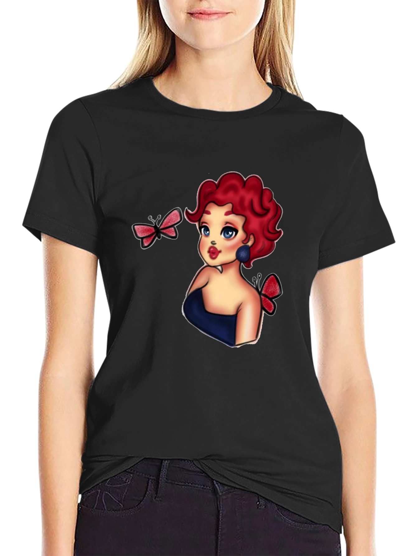 Cartoon Girl & Butterflies Black T-Shirt