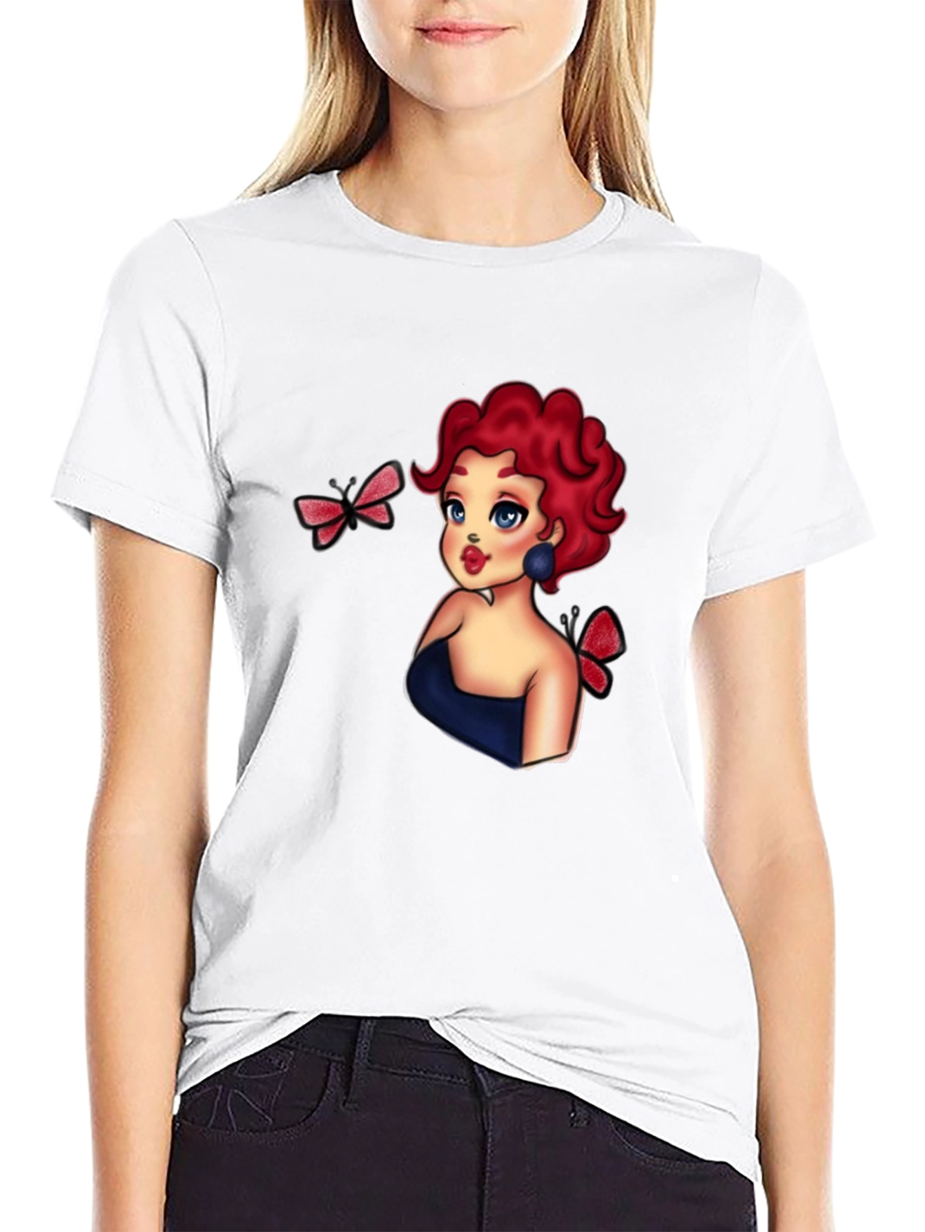 Cartoon Girl & Butterflies Black T-Shirt