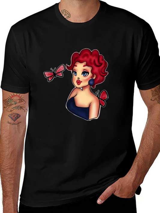 Cartoon Girl & Butterflies Black T-Shirt
