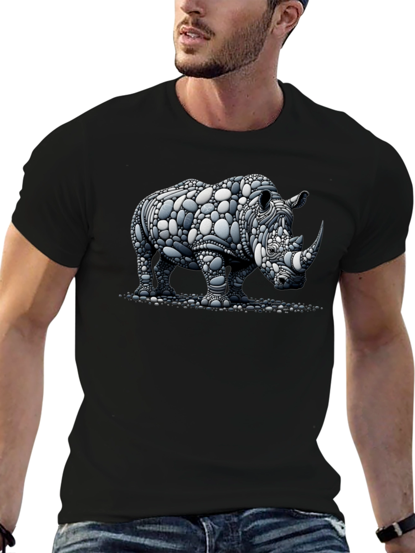 Rhinoceros Stone Art Graphic Black T-Shirt
