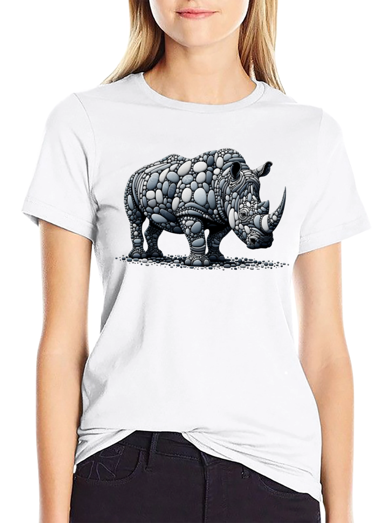 Rhinoceros Stone Art Graphic Black T-Shirt