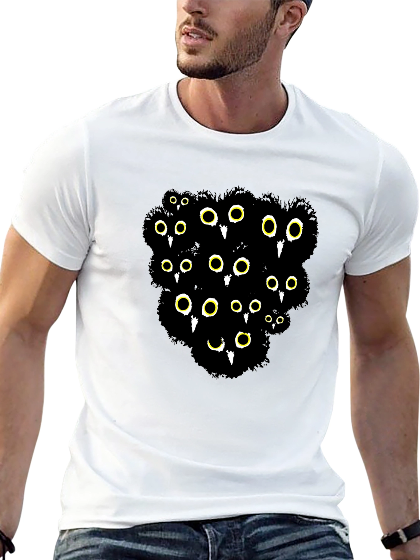 Black Cotton T-Shirt with Mysterious Eyes Graphic