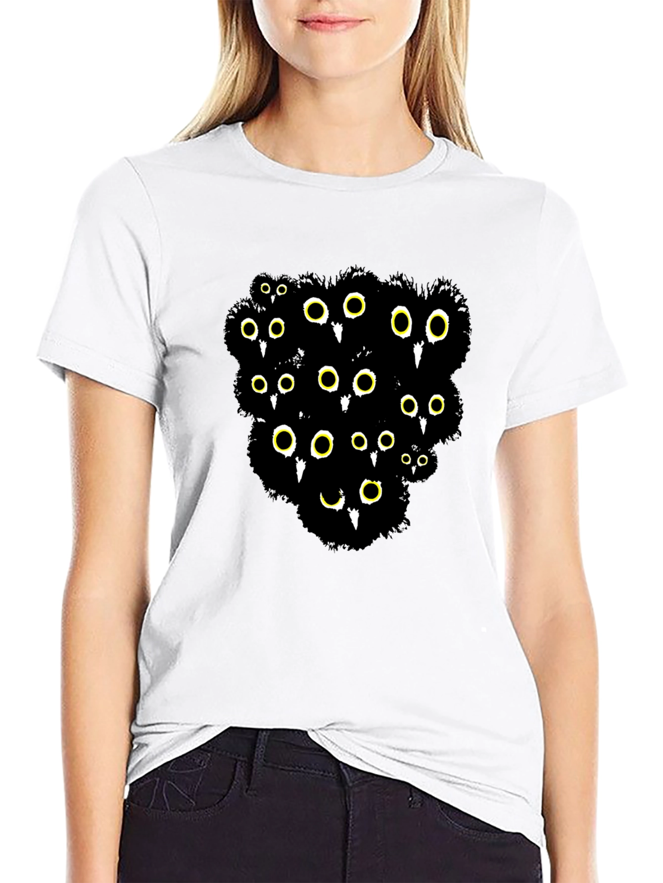Black Cotton T-Shirt with Mysterious Eyes Graphic