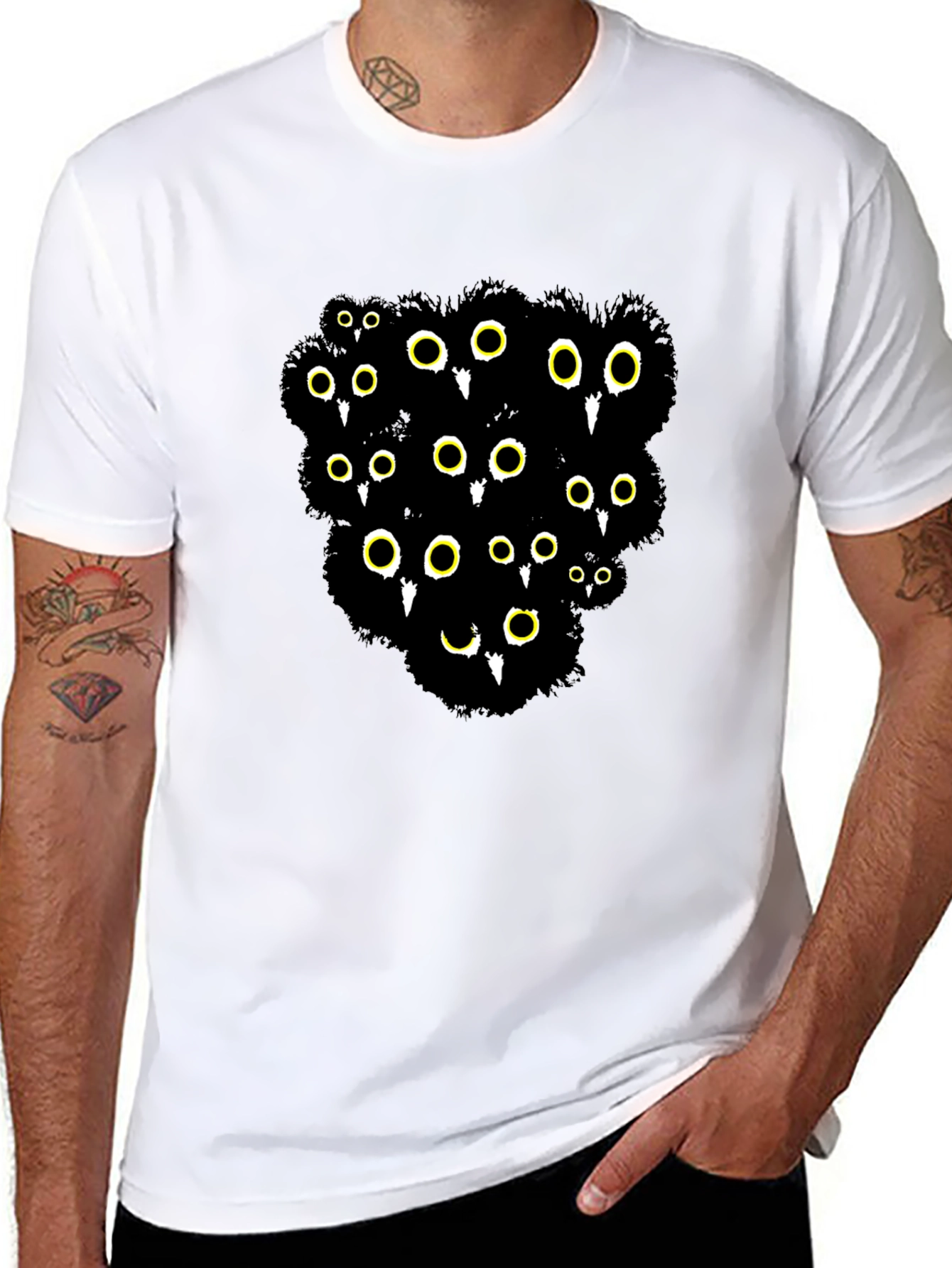 Black Cotton T-Shirt with Mysterious Eyes Graphic