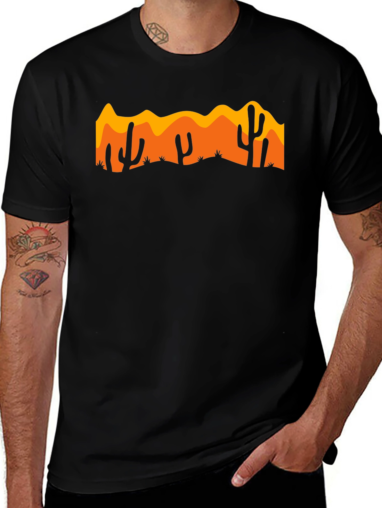 Desert Cactus Graphic Tee - Black Cotton Casual Shirt