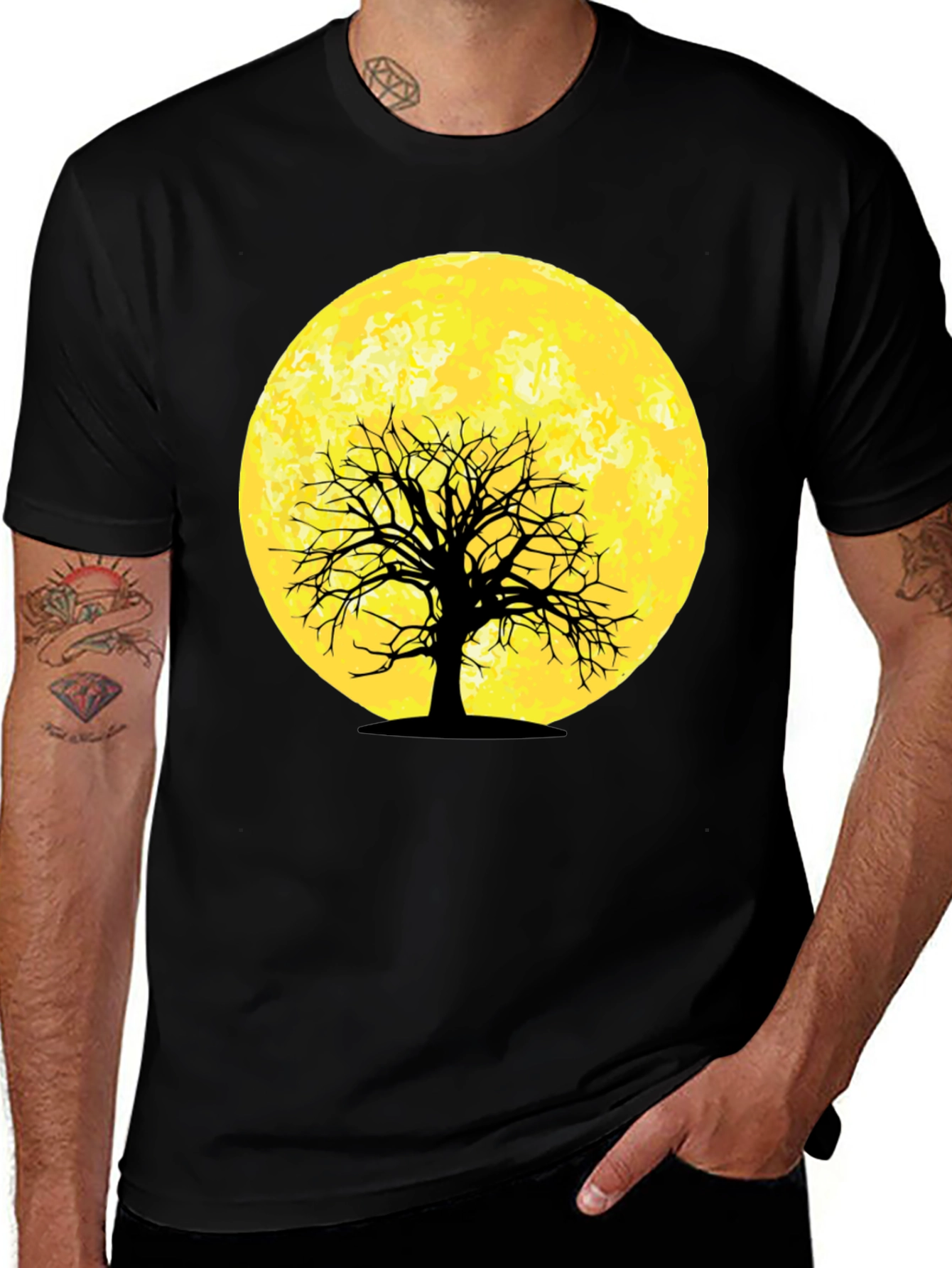 Moonlit Tree Graphic Tee - Black Cotton T-Shirt