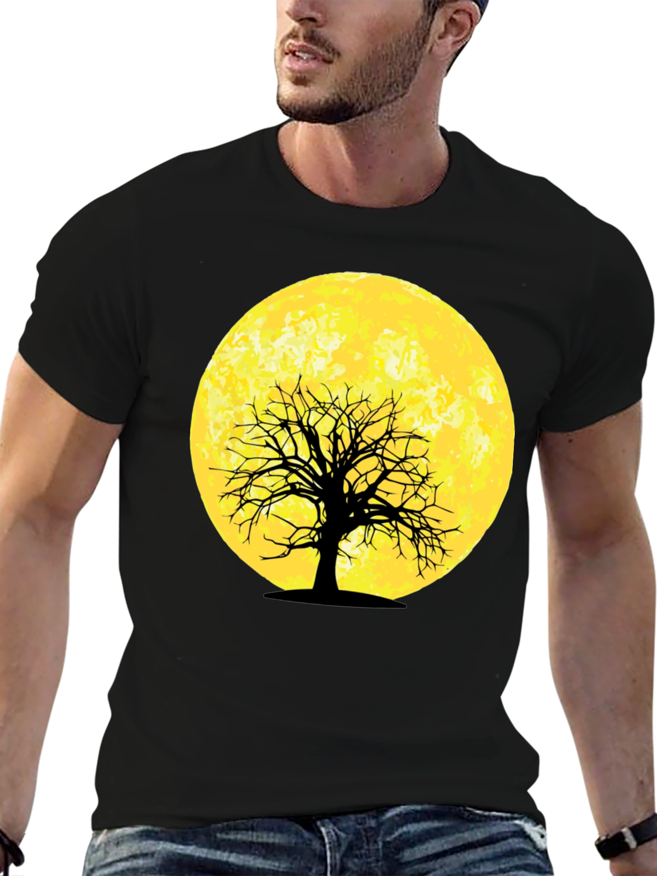 Moonlit Tree Graphic Tee - Black Cotton T-Shirt